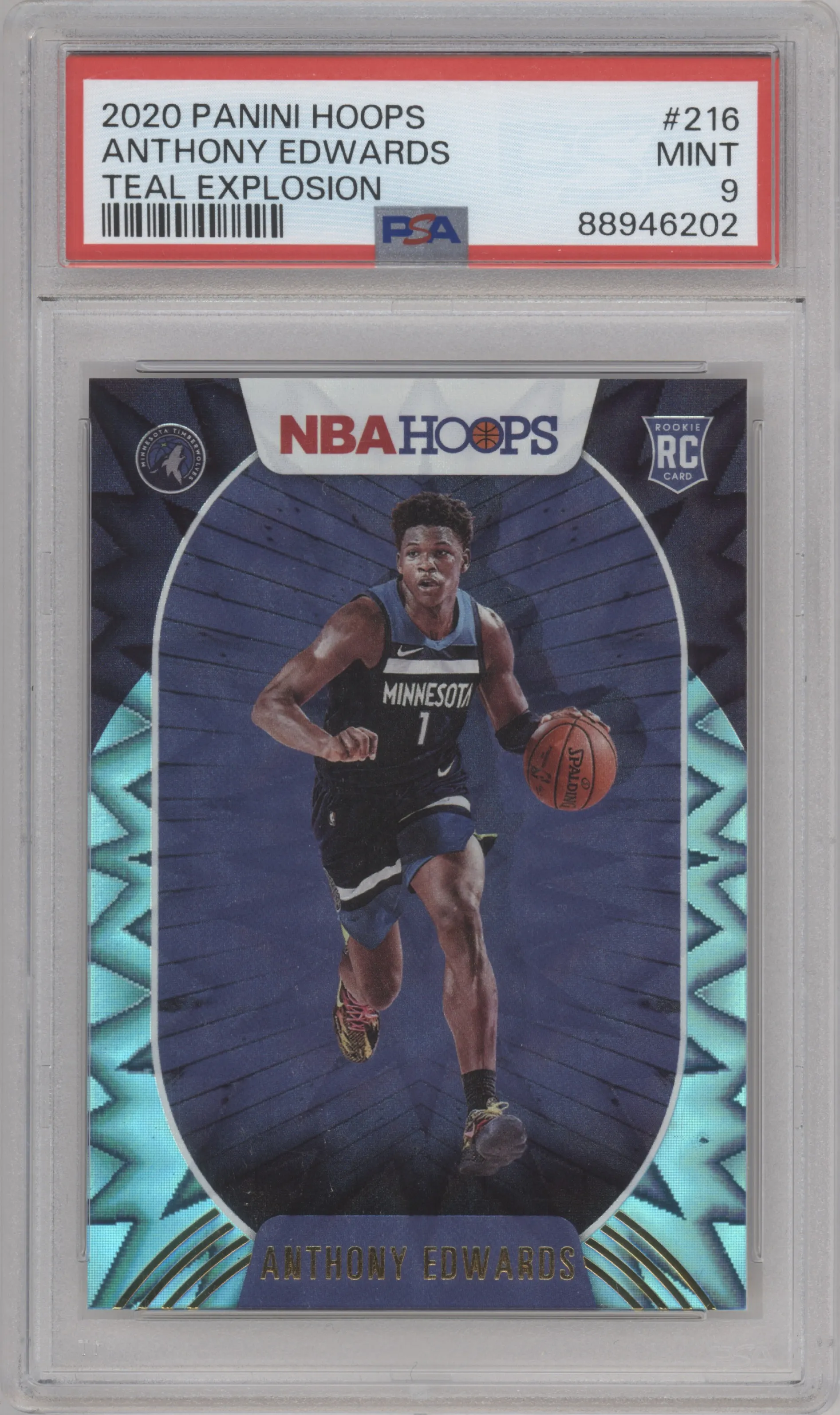 Anthony Edwards from the 2020-21 Panini NBA Hoops set featuring a Teal Explosion parallel graded by PSA and given an overall grade of 9.