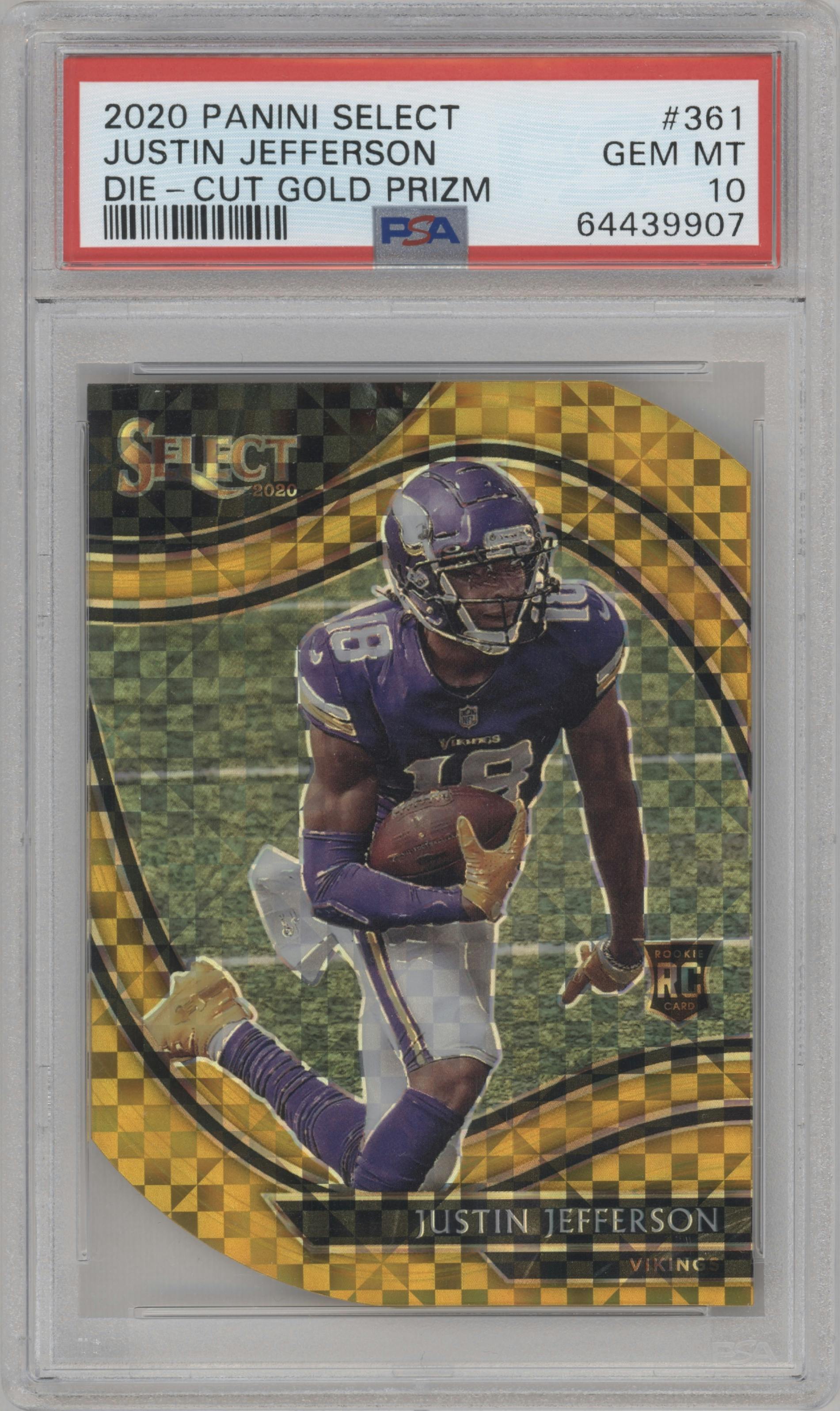 Justin Jefferson from the 2020 Panini Select set featuring a Die-Cut Gold parallel graded by PSA and given an overall grade of 10.