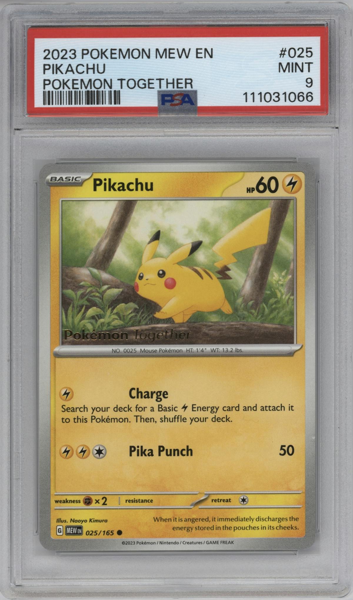 Pikachu from the 2023 Pokemon SV set featuring a Pokemon Together parallel graded by PSA and given an overall grade of 9.