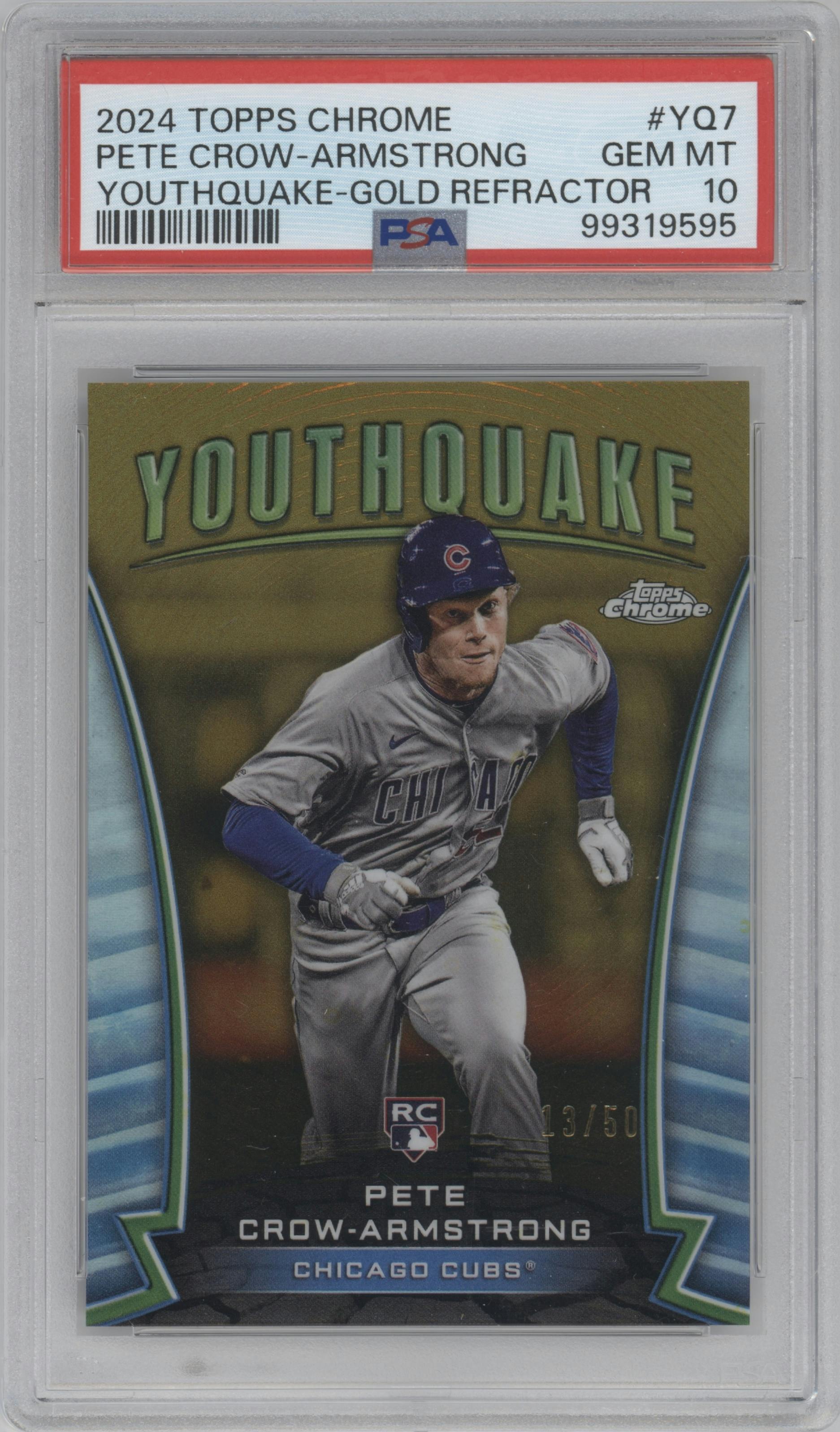 Pete Crow-Armstrong  from the 2024 Topps Chrome set featuring a Gold Refractor parallel graded by PSA and given an overall grade of 10.