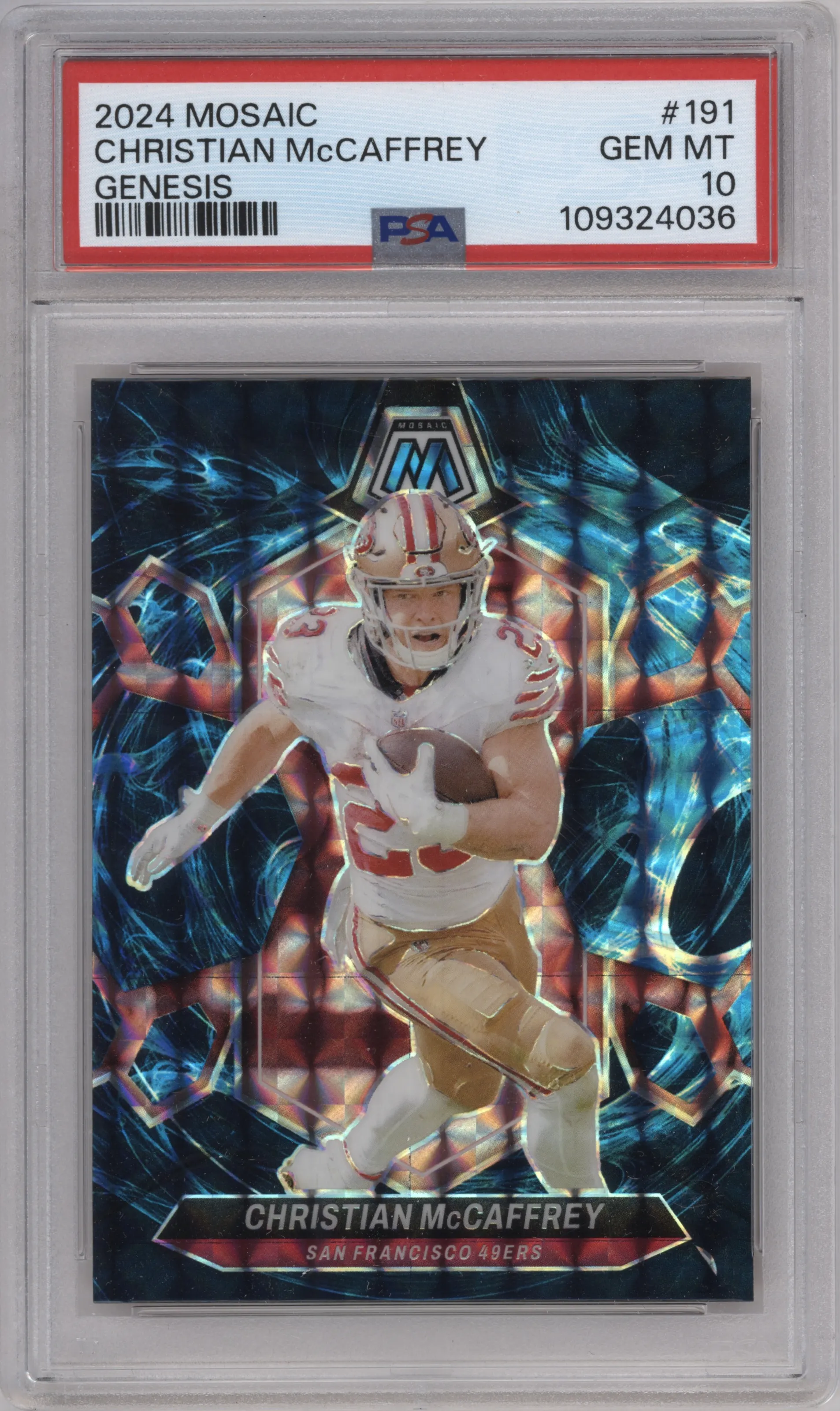 Christian McCaffrey from the 2024 Panini Mosaic set featuring a Genesis parallel graded by PSA and given an overall grade of 10.