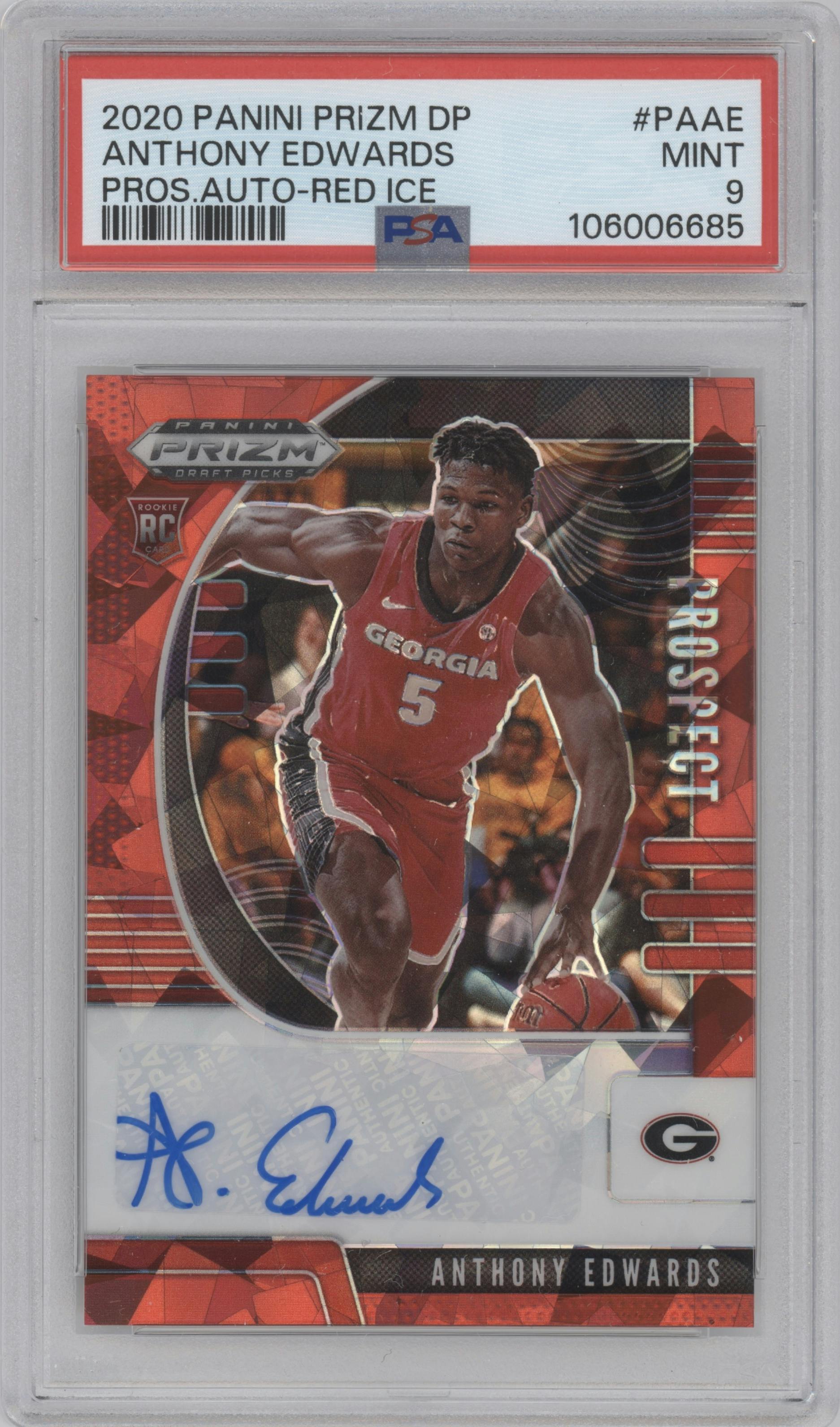 Anthony Edwards from the 2020-21 Panini Prizm Draft Picks set featuring a Red Ice parallel graded by PSA and given an overall grade of 9.