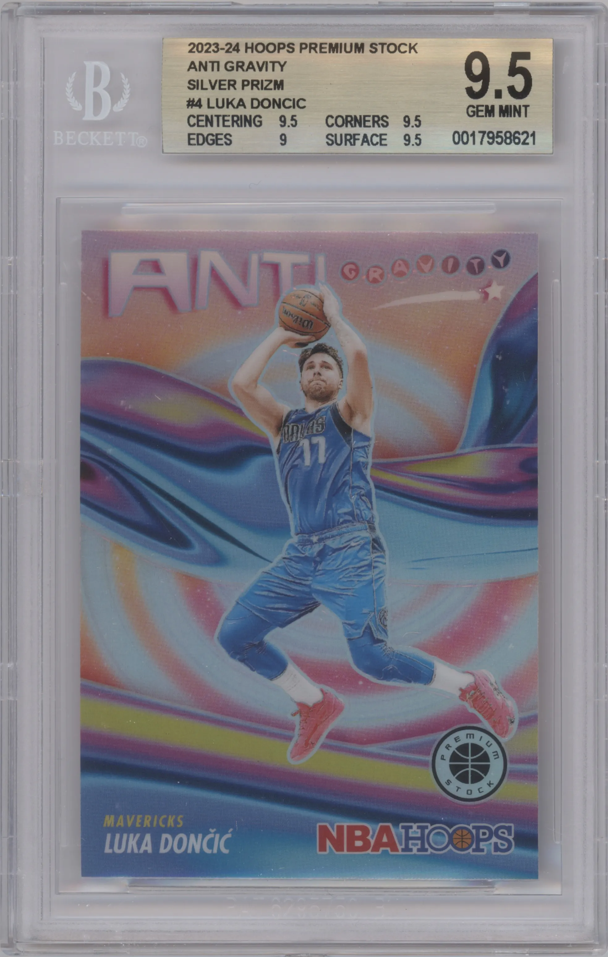 Luka Doncic from the 2023-24 Panini Hoops Premium Stock set featuring a Silver Prizm parallel graded by Beckett and given an overall grade of 9.5.