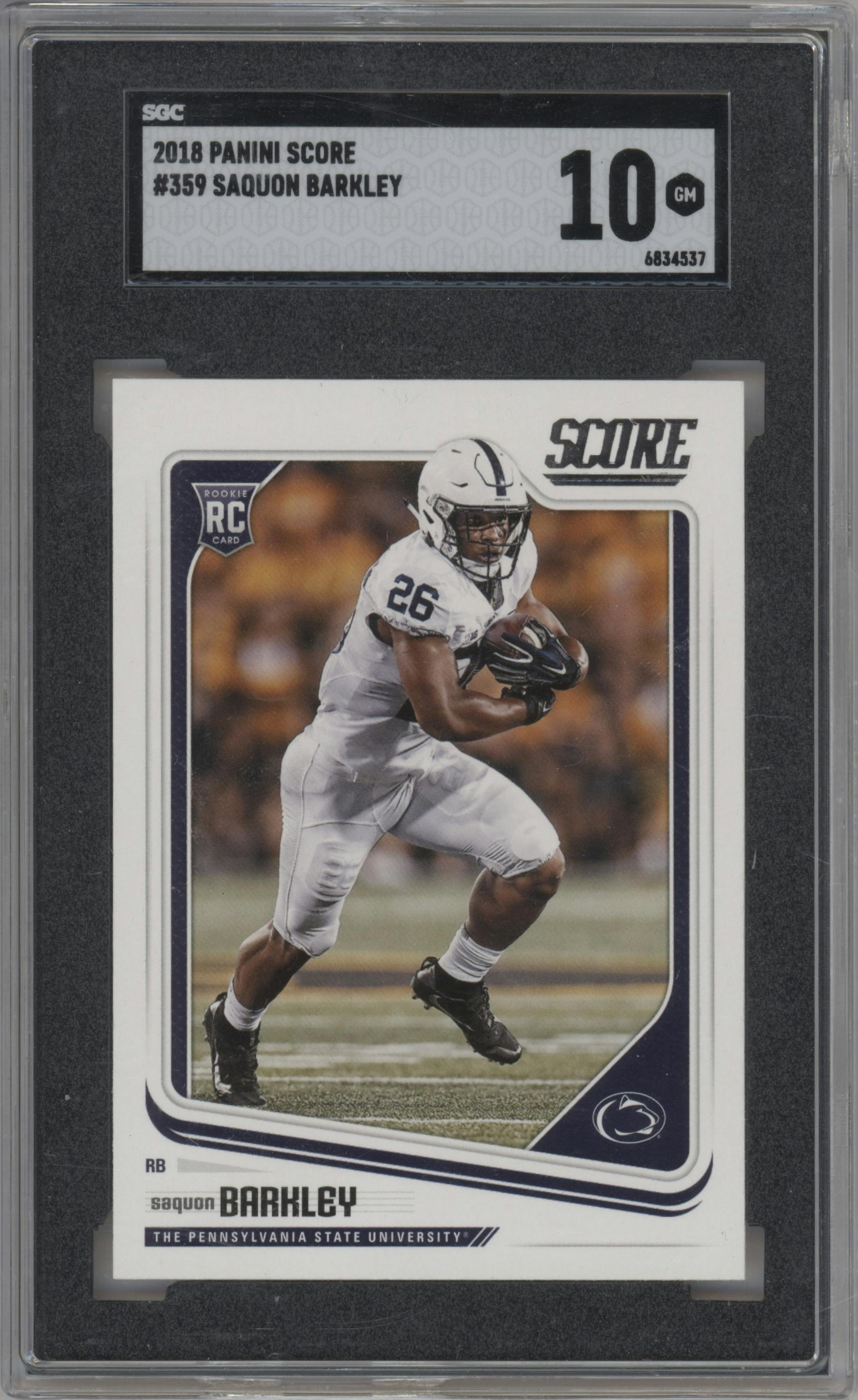 Saquon Barkley from the 2018 Panini Score set graded by SGC and given an overall grade of 10.