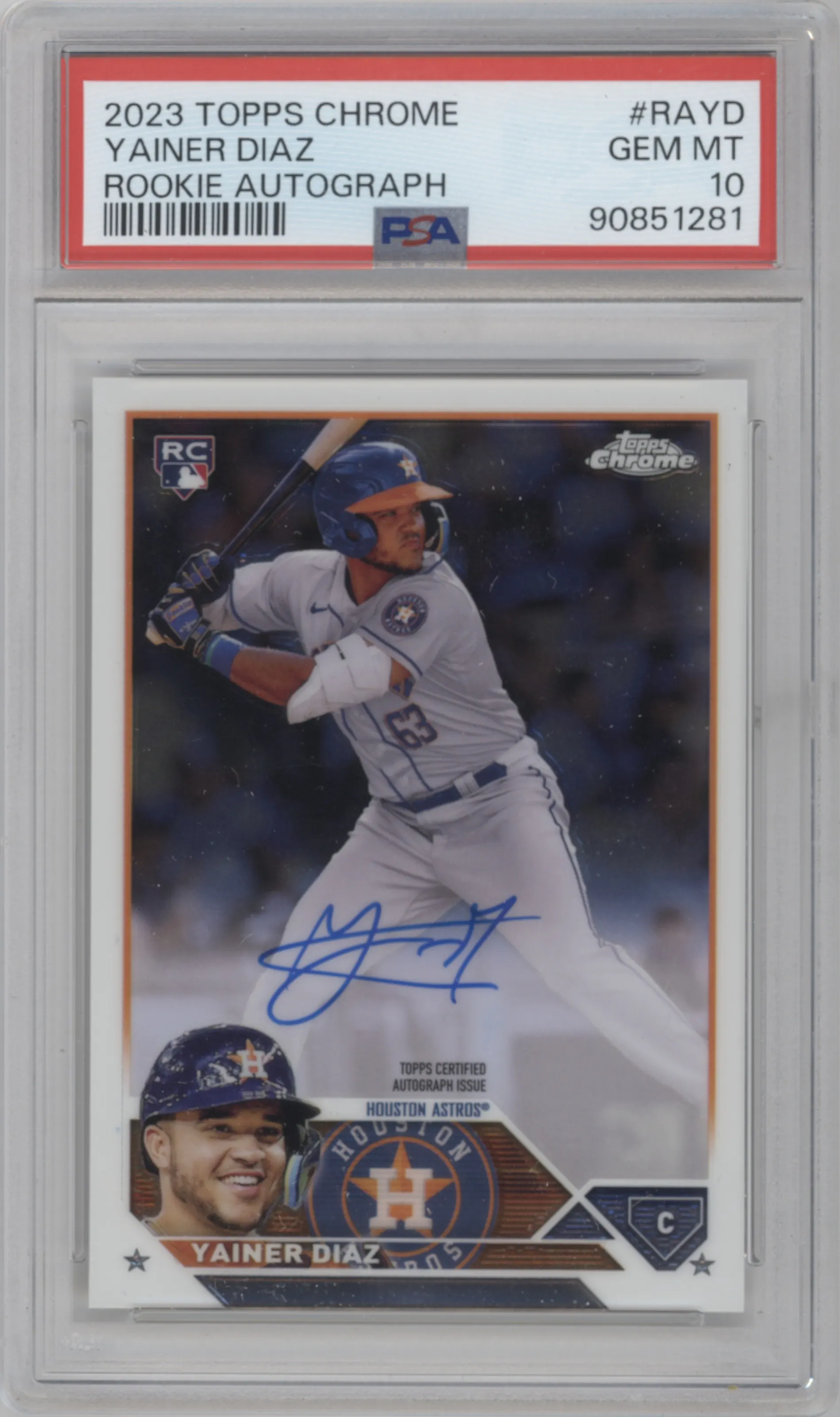 Yainer Diaz  from the 2023 Topps Chrome set graded by PSA and given an overall grade of 10.