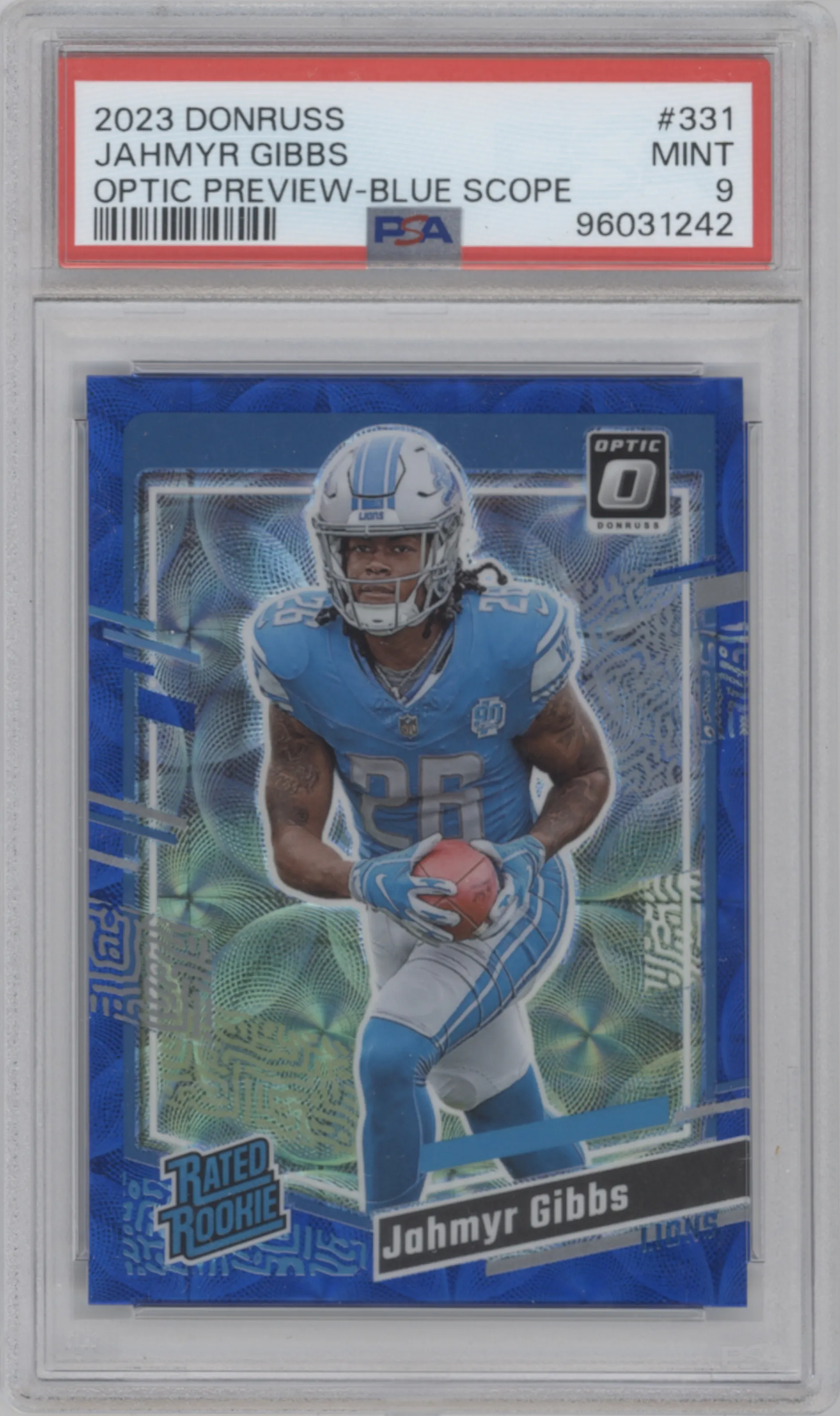 Jahmyr Gibbs from the 2023 Panini Donruss set featuring a Blue Scope parallel graded by PSA and given an overall grade of 9.