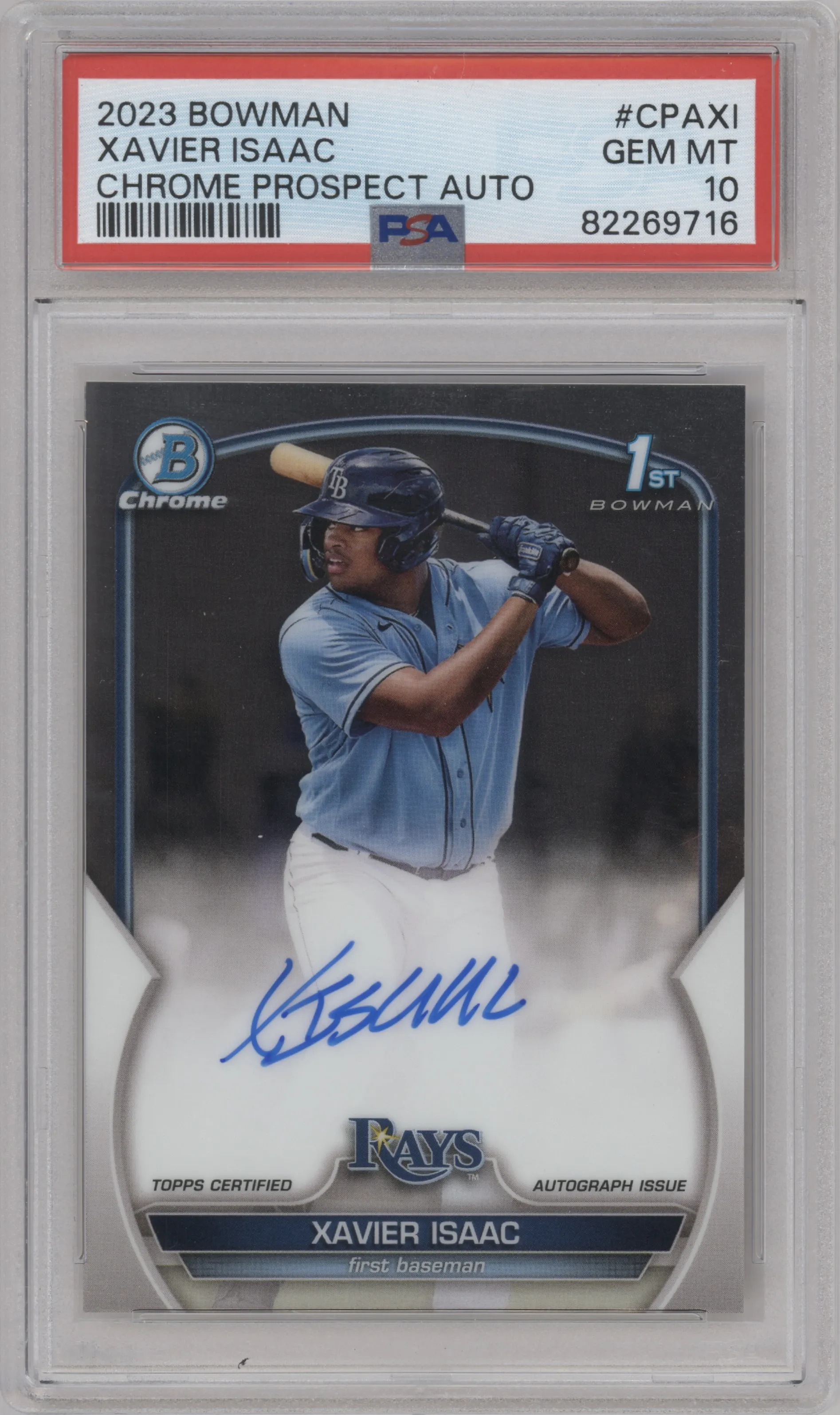 Xavier Isaac from the 2023 Bowman  set graded by PSA and given an overall grade of 10.