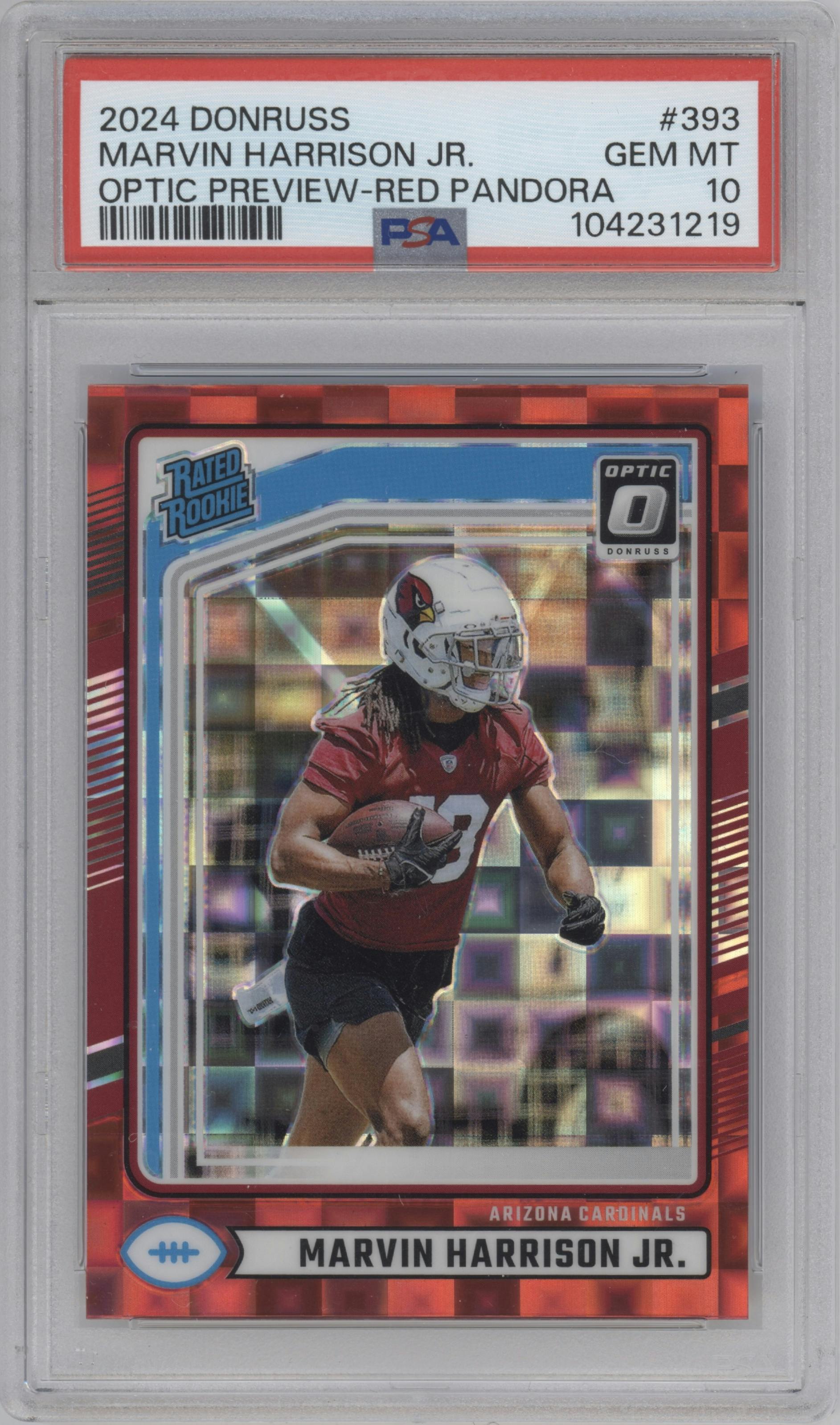 Marvin Harrison Jr. from the 2024 Donruss set featuring a Red Pandora parallel graded by PSA and given an overall grade of 10.