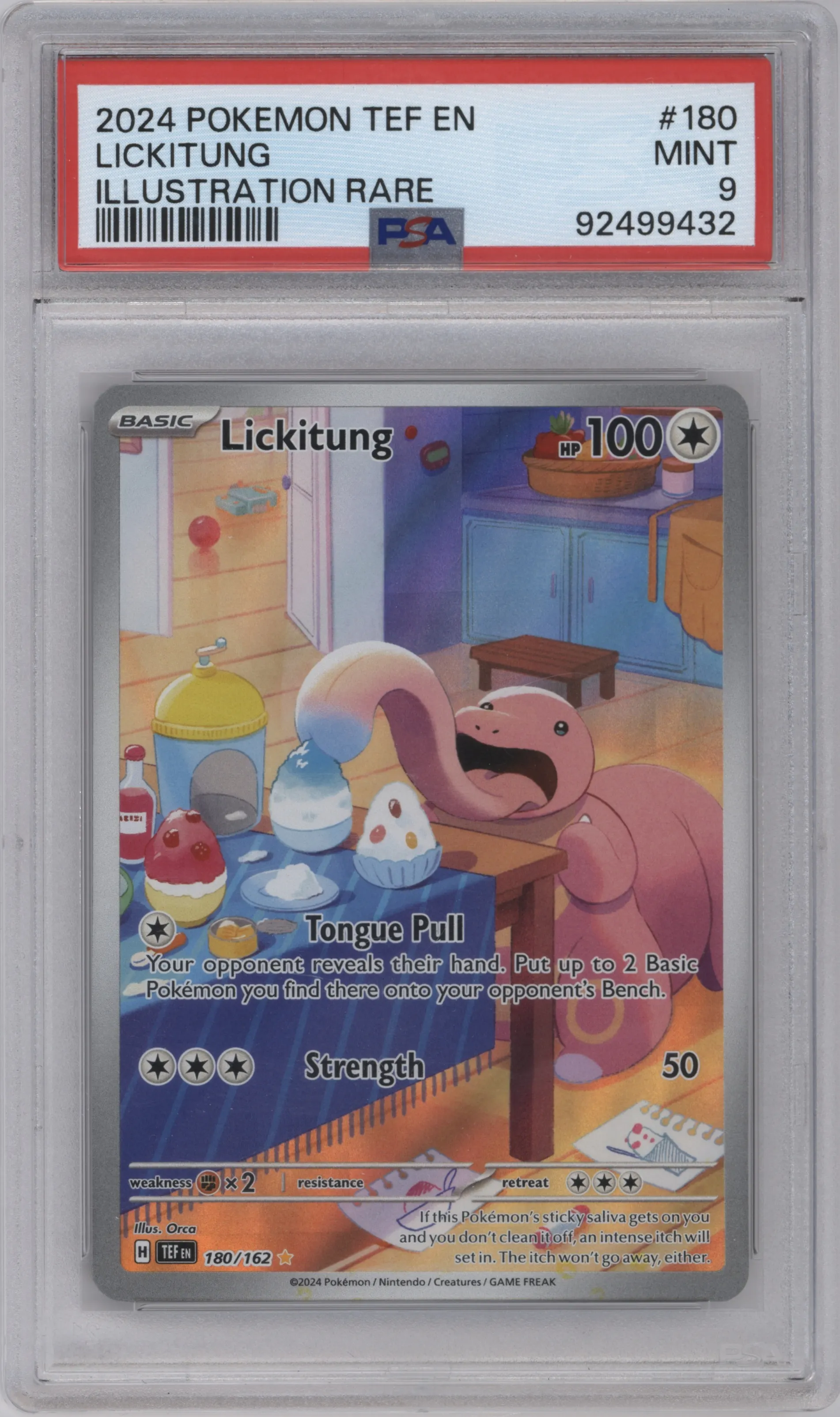 Lickitung from the 2024 Pokemon SV set graded by PSA and given an overall grade of 9.