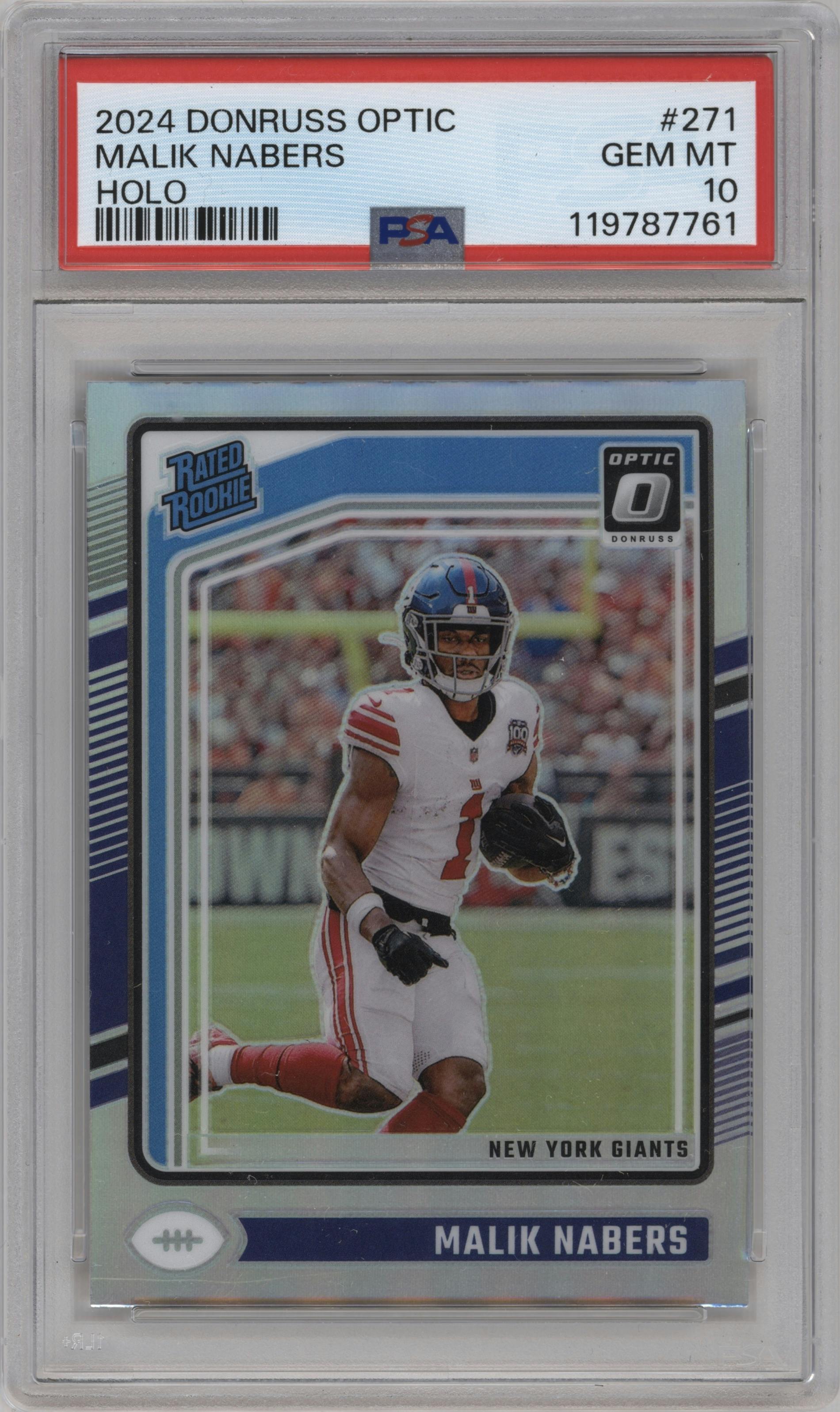 Malik Nabers from the 2024 Donruss Optic set featuring a Holo parallel graded by PSA and given an overall grade of 10.