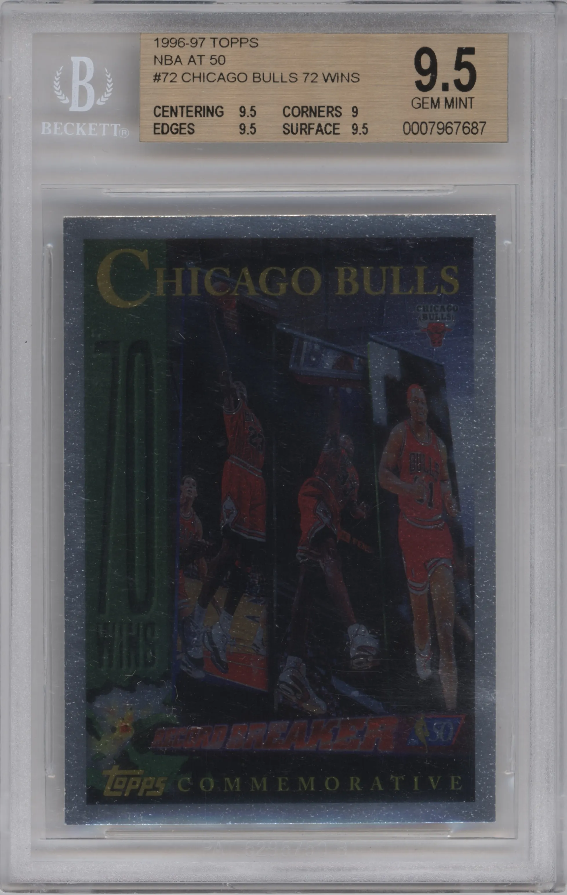 Chicago Bulls 72 Wins from the 1996-97 Topps set featuring a NBA at 50 parallel graded by Beckett and given an overall grade of 9.5.