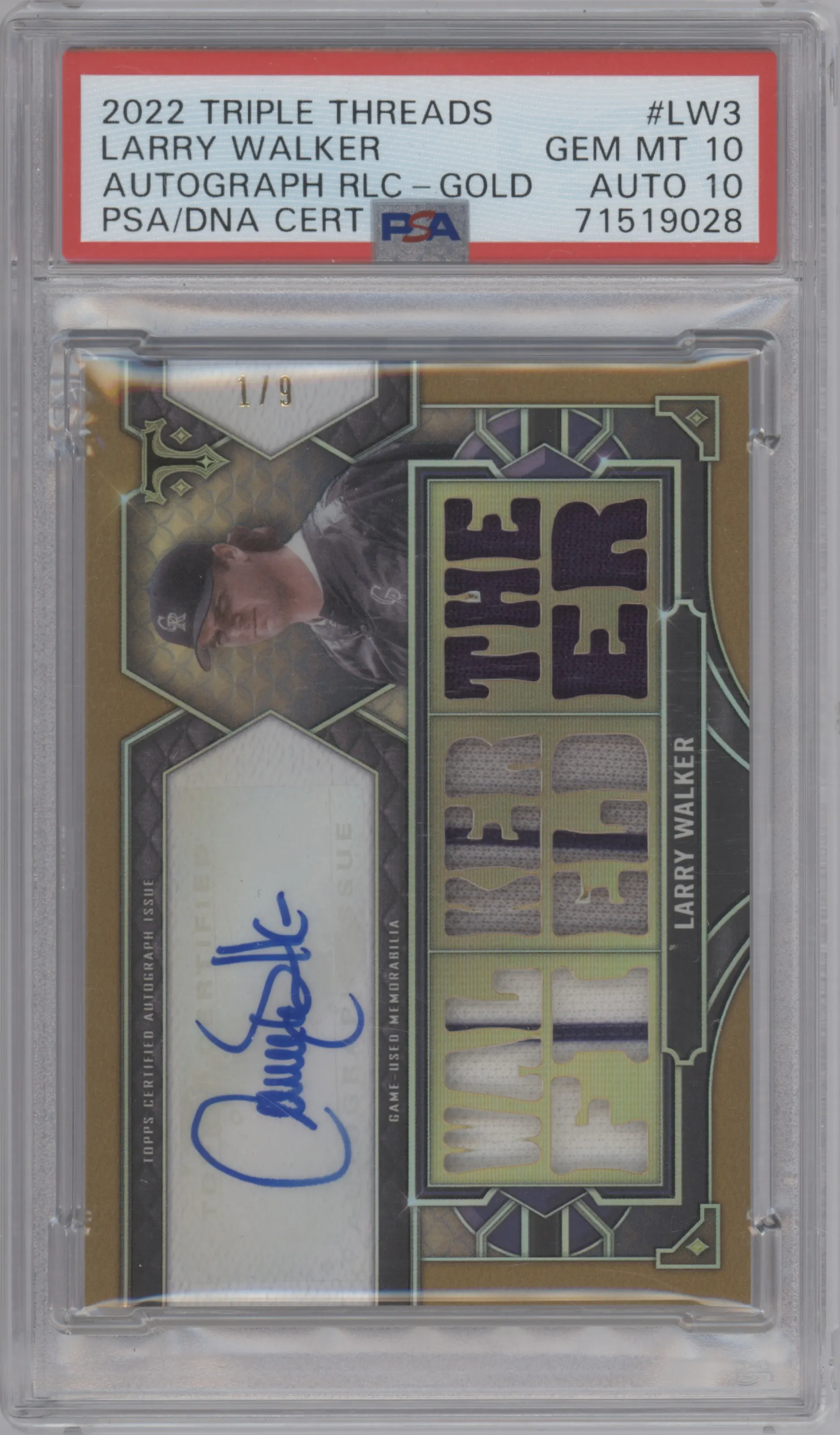 Larry Walker from the 2022 Topps Triple Threads set featuring a Gold parallel graded by PSA and given an overall grade of 10.