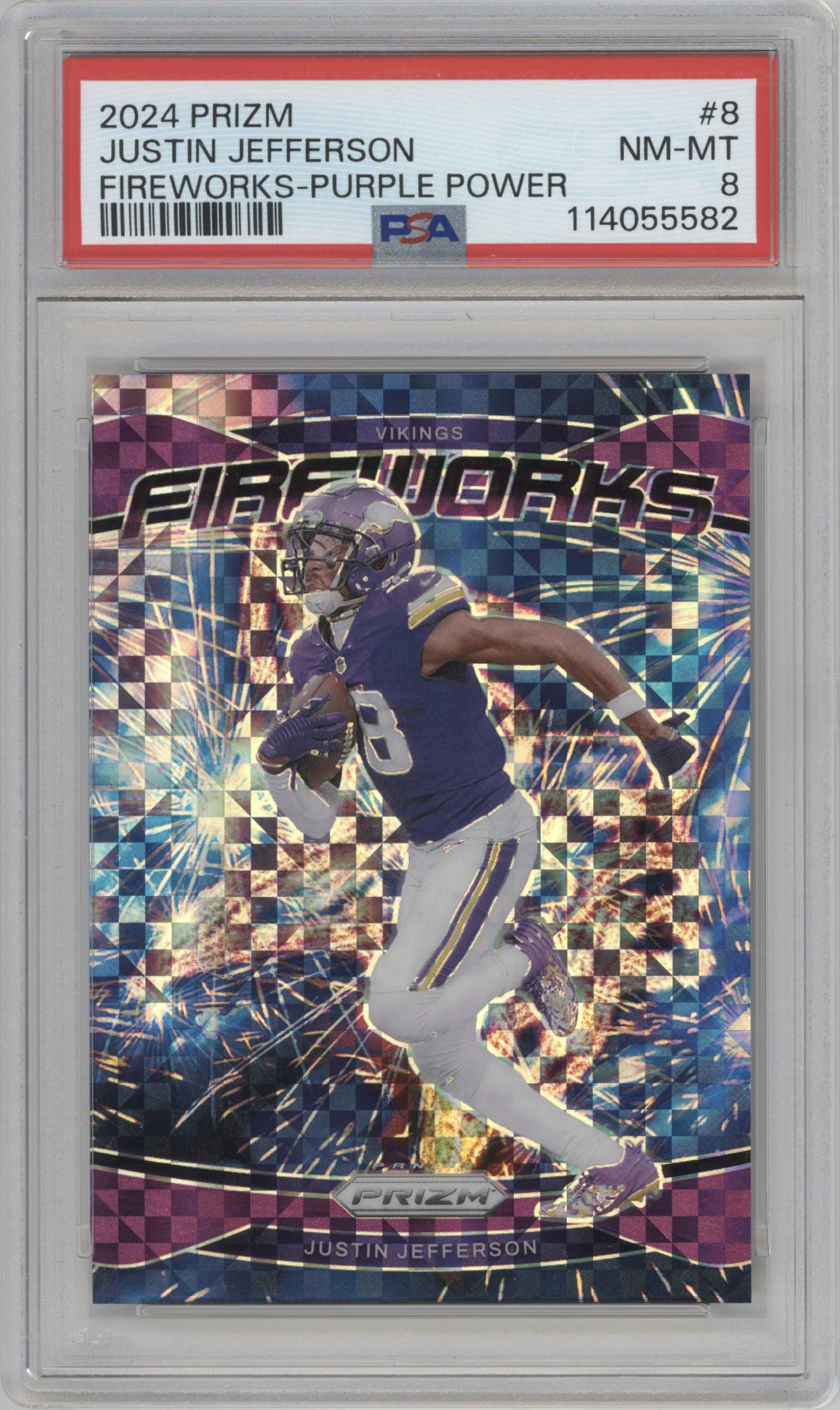 Justin Jefferson from the 2024 Panini Prizm set featuring a Purple Power Prizm parallel graded by PSA and given an overall grade of 8.