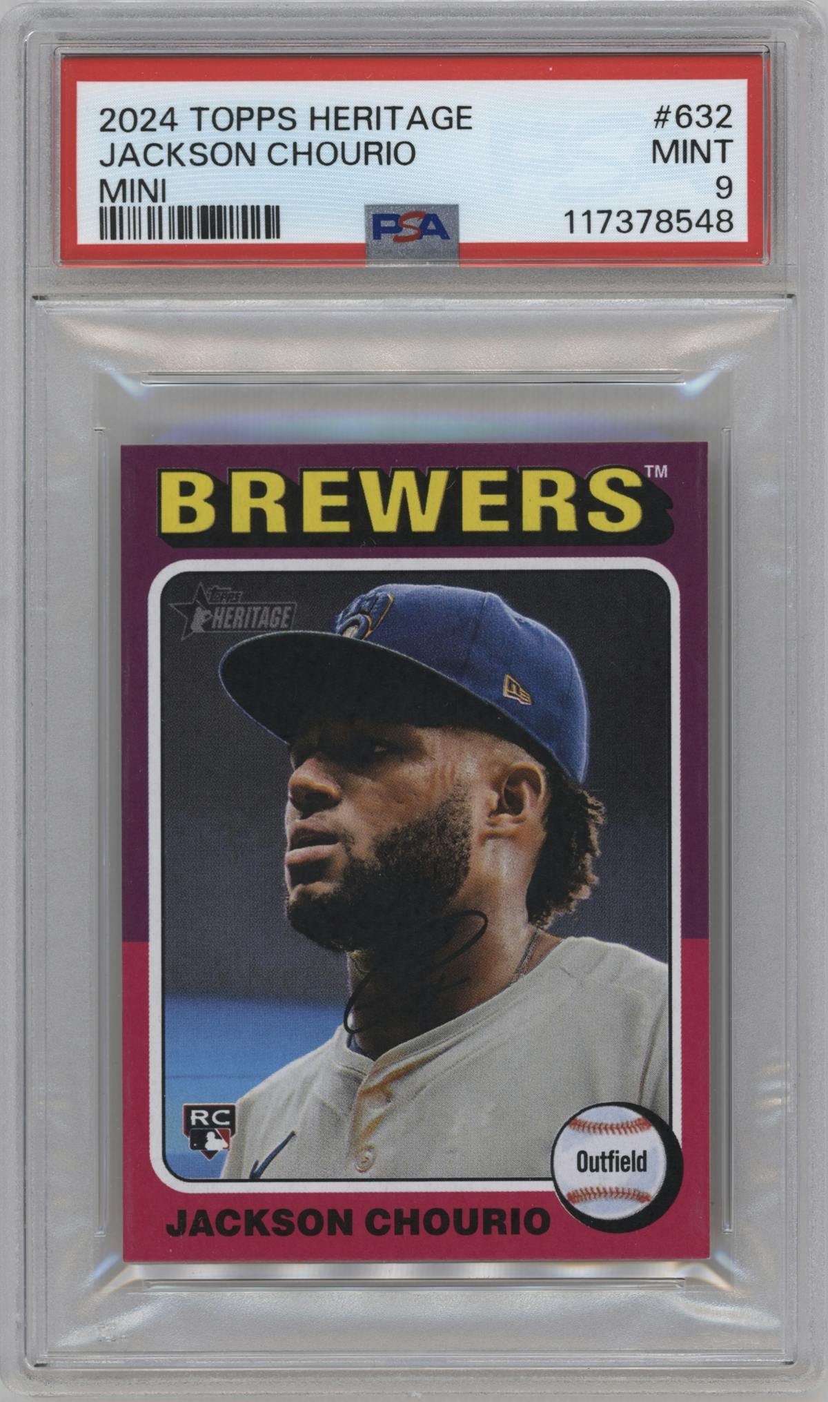 Jackson Chourio from the 2024 Topps Heritage High Number set featuring a Mini parallel graded by PSA and given an overall grade of 9.