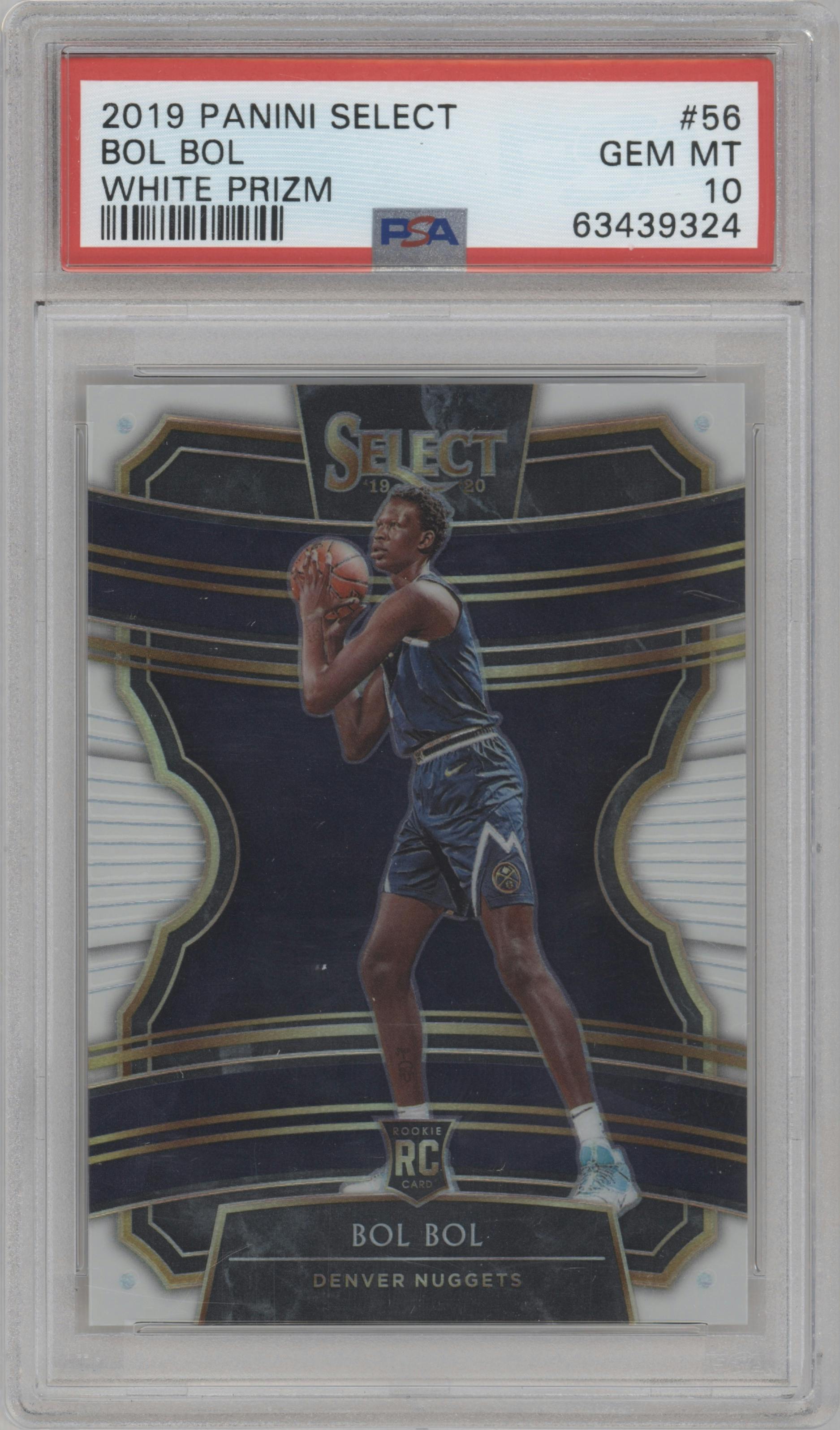 Bol Bol from the 2019-20 Panini Select set featuring a White Prizm parallel graded by PSA and given an overall grade of 10.