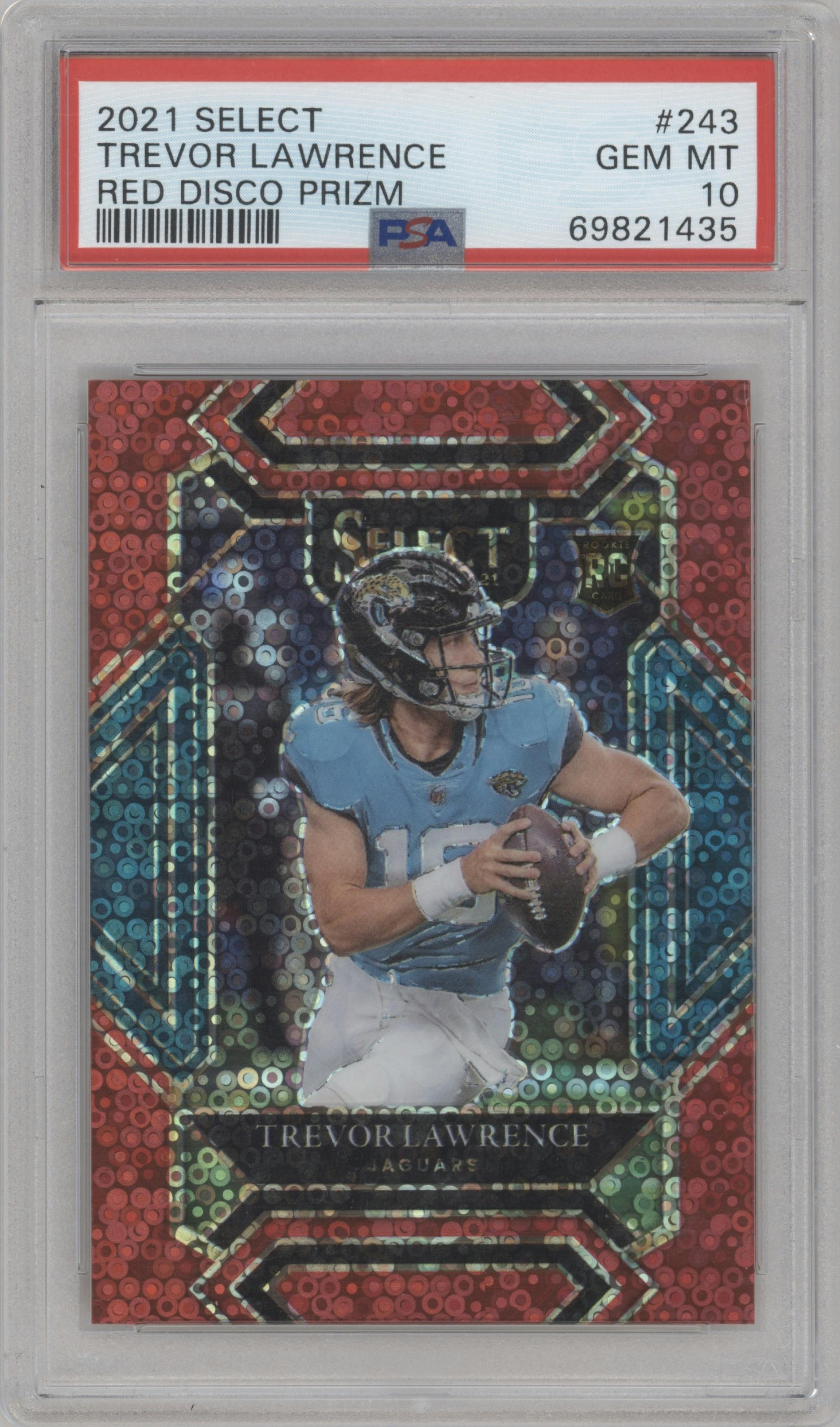 Trevor Lawrence from the 2021 Panini Select set featuring a Red Disco parallel graded by PSA and given an overall grade of 10.