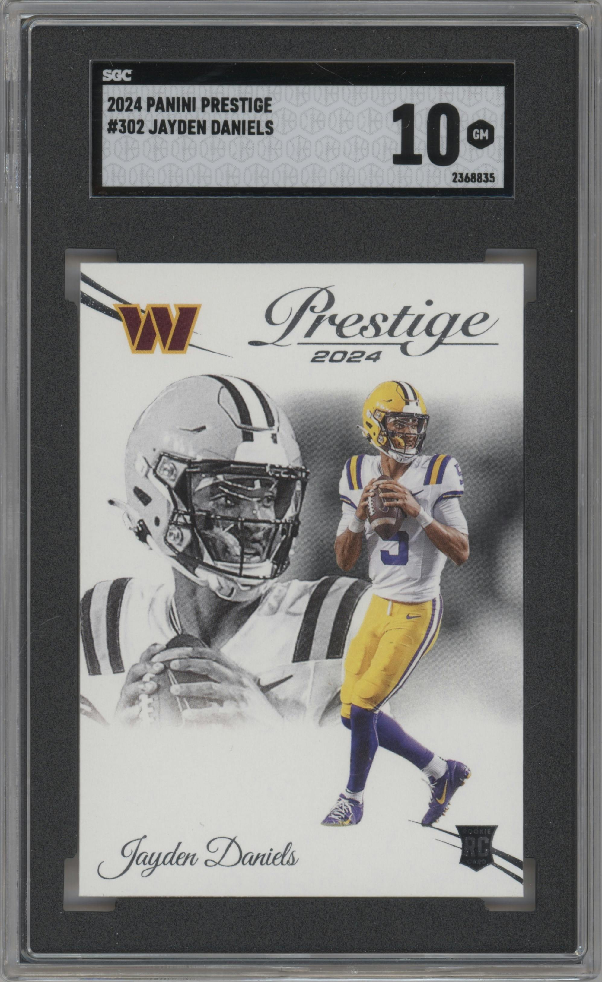 Jayden Daniels from the 2024 Panini Prestige  set graded by SGC and given an overall grade of 10.
