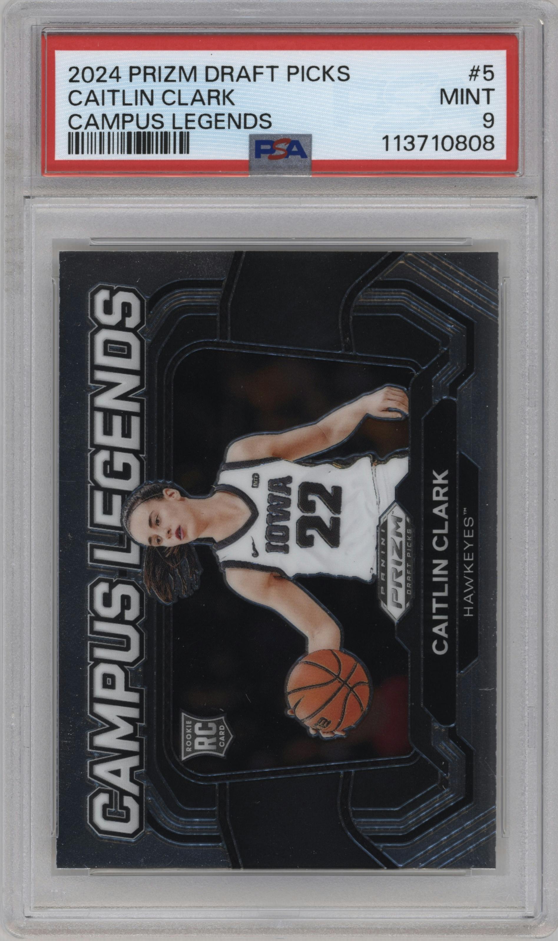 Caitlin Clark from the 2024 Panini Prizm Draft Picks set graded by PSA and given an overall grade of 9.