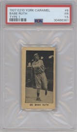 Babe Ruth from the 1927 York Caramel set graded by PSA and given an overall grade of 1.5.