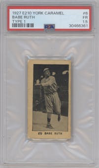 Babe Ruth from the 1927 York Caramel set graded by PSA and given an overall grade of 1.5.