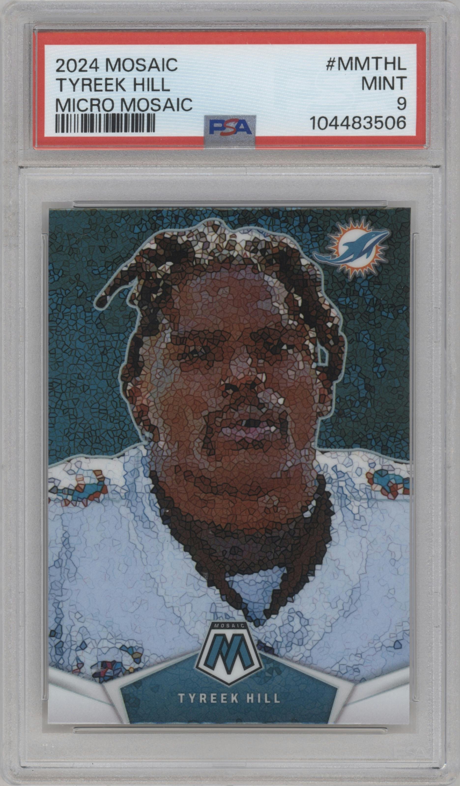 Tyreek Hill from the 2024 Panini Mosaic set graded by PSA and given an overall grade of 9.