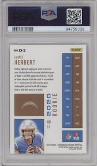 Justin Herbert from the 2020 Panini Chronicles set graded by PSA and given an overall grade of 9.
