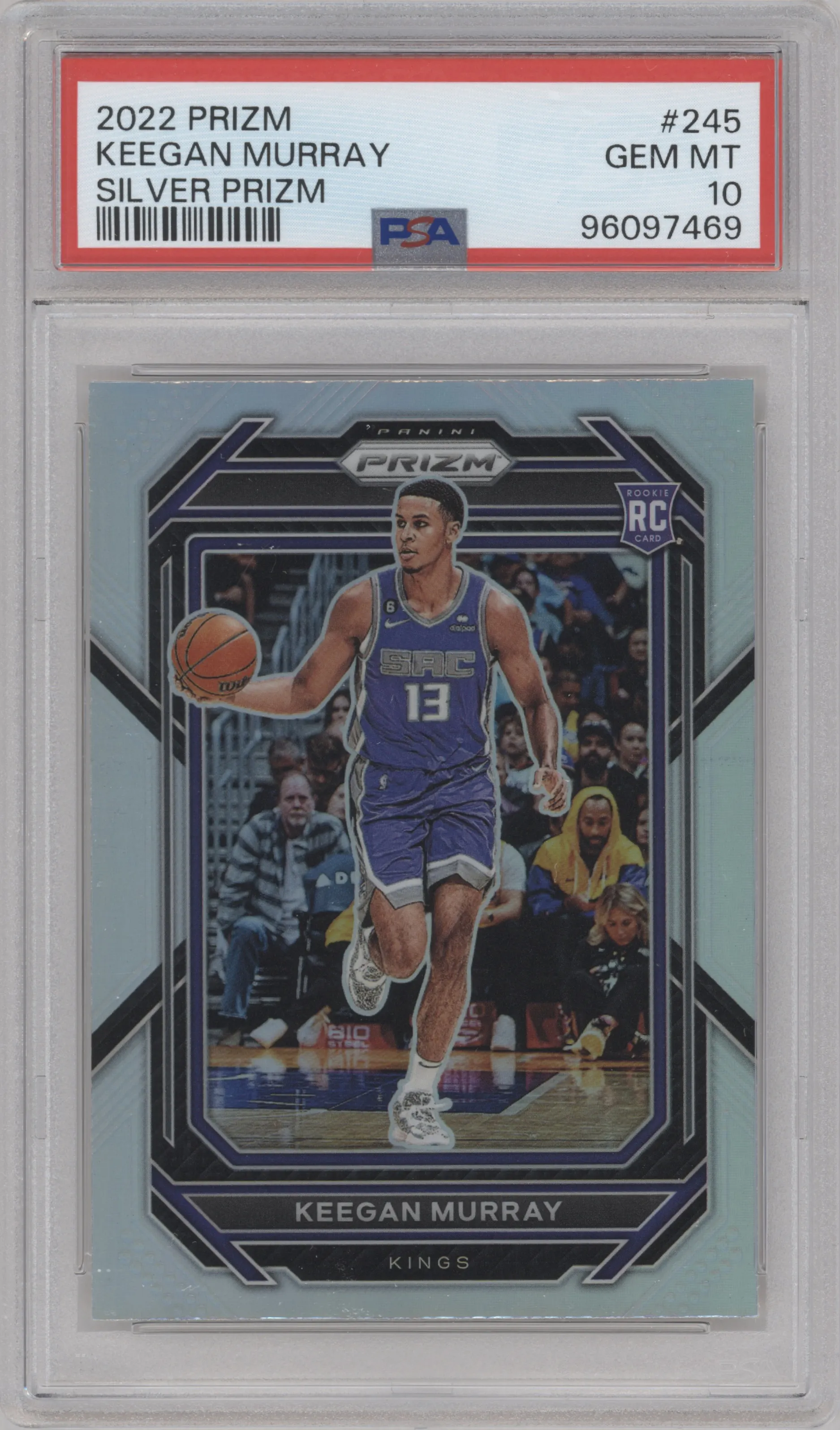 Keegan Murray from the 2022-23 Panini Prizm  set featuring a Silver Prizm parallel graded by PSA and given an overall grade of 10.