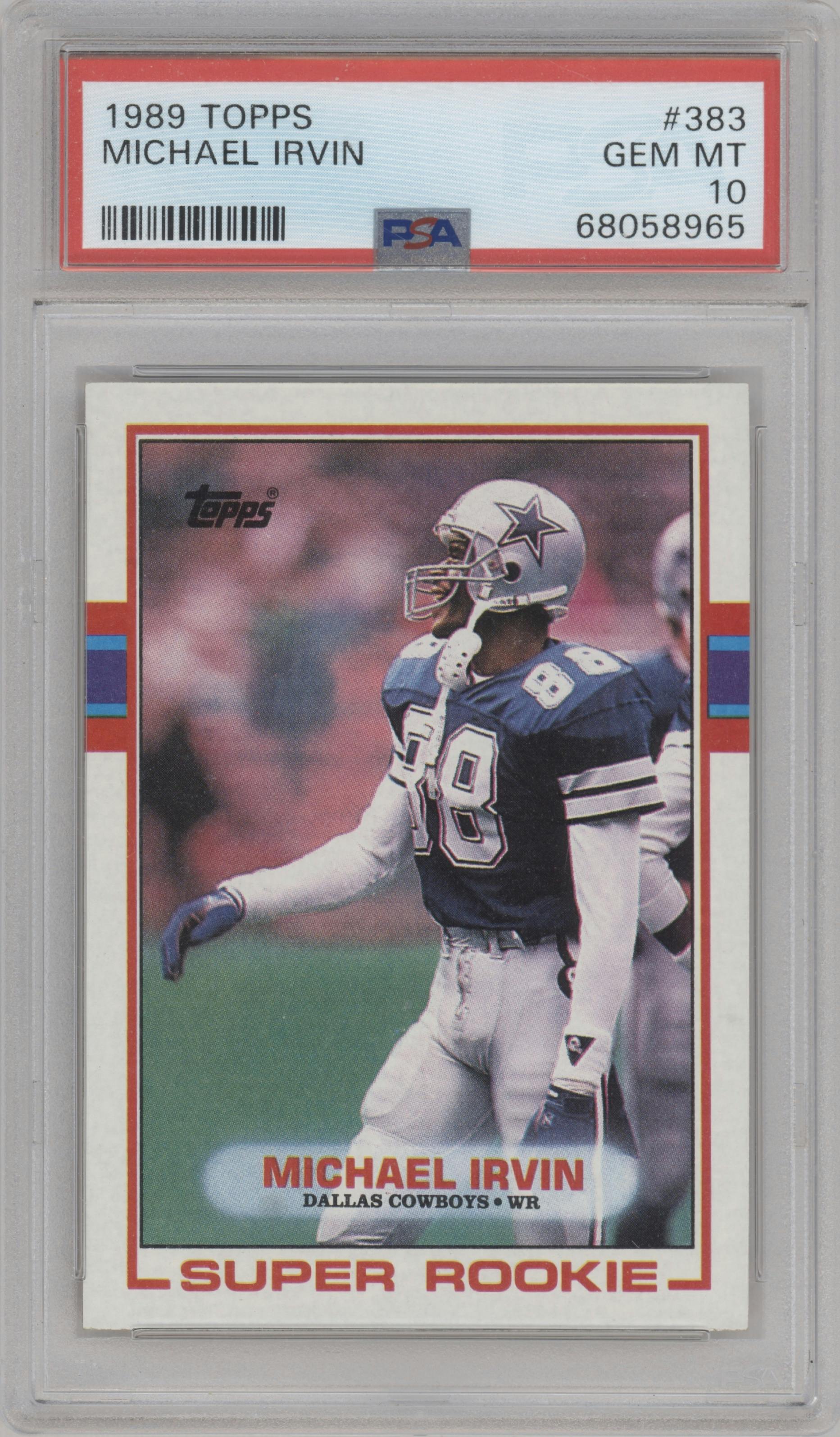 Michael Irvin from the 1989 Topps  set graded by PSA and given an overall grade of 10.