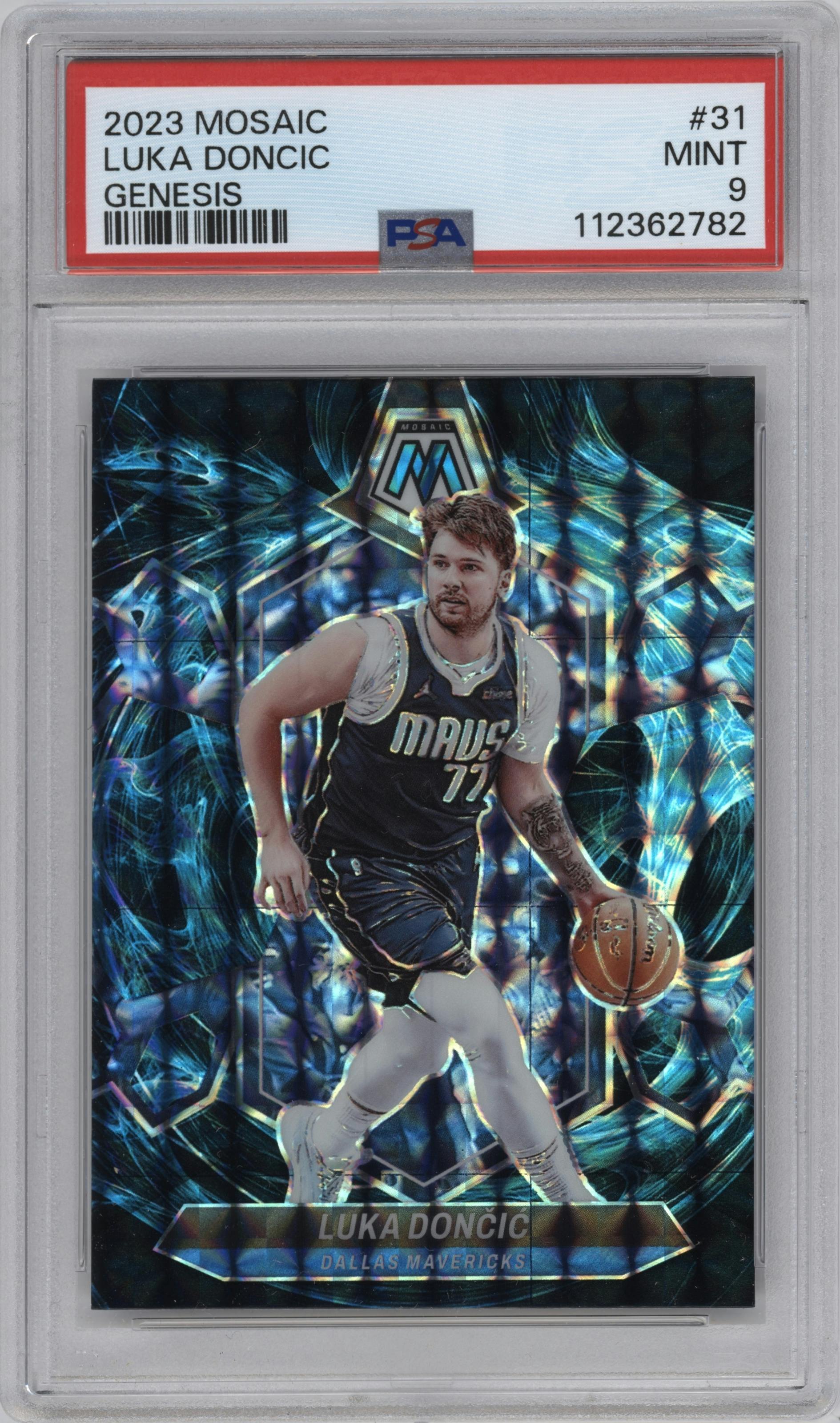 Luka Doncic from the 2023-24 Panini Mosaic set featuring a Genesis parallel graded by PSA and given an overall grade of 9.