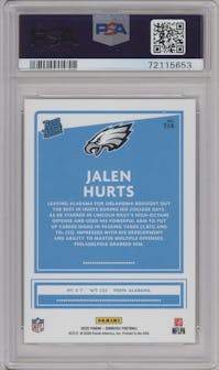 Jalen Hurts from the 2020 Panini Donruss set graded by PSA and given an overall grade of 10.