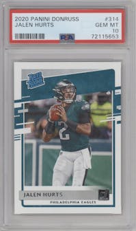 Jalen Hurts from the 2020 Panini Donruss set graded by PSA and given an overall grade of 10.