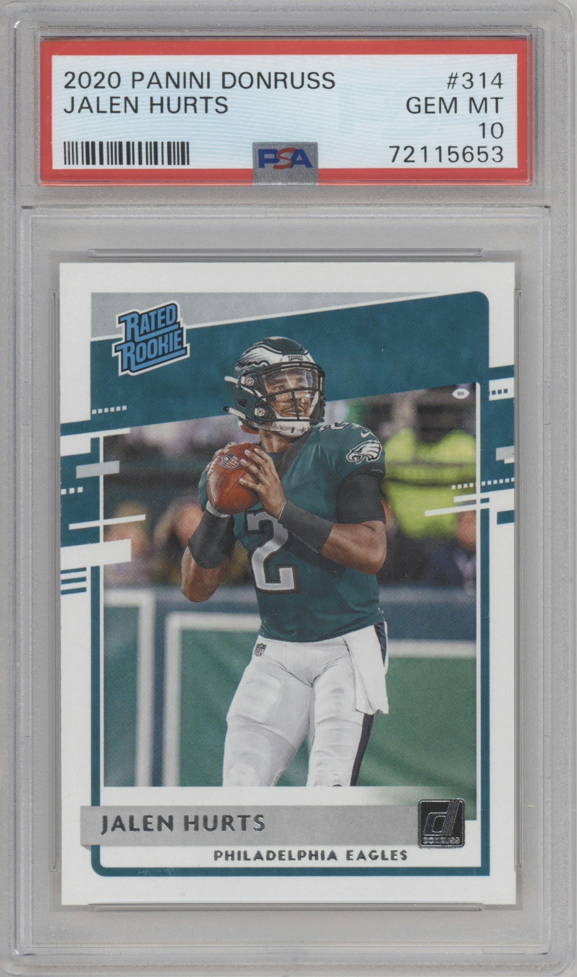 Jalen Hurts from the 2020 Panini Donruss set graded by PSA and given an overall grade of 10.