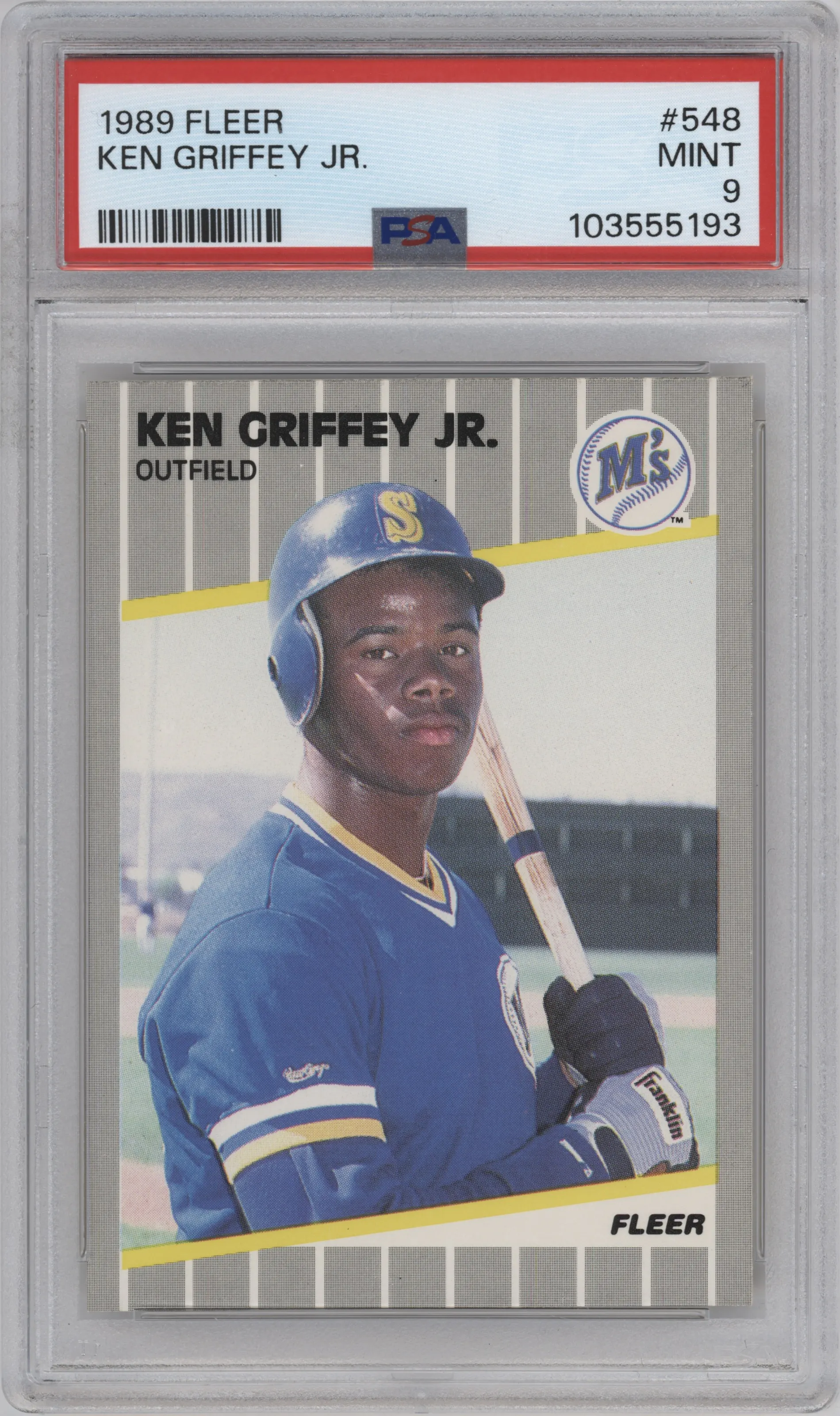 Ken Griffey Jr. from the 1989 Fleer set graded by PSA and given an overall grade of 9.