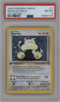 Snorlax from the 1999 Pokemon set graded by PSA and given an overall grade of 8.