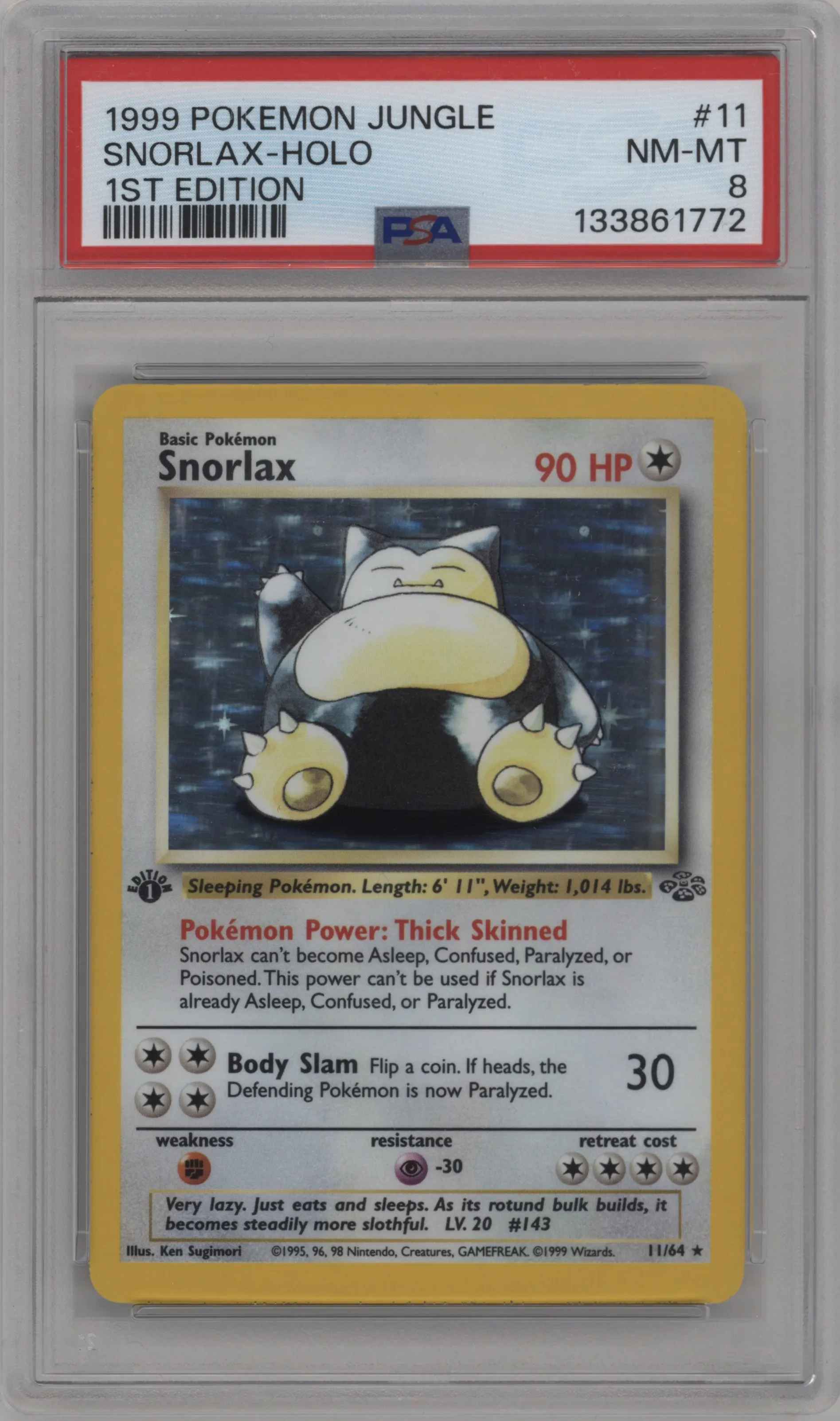 Snorlax from the 1999 Pokemon set graded by PSA and given an overall grade of 8.