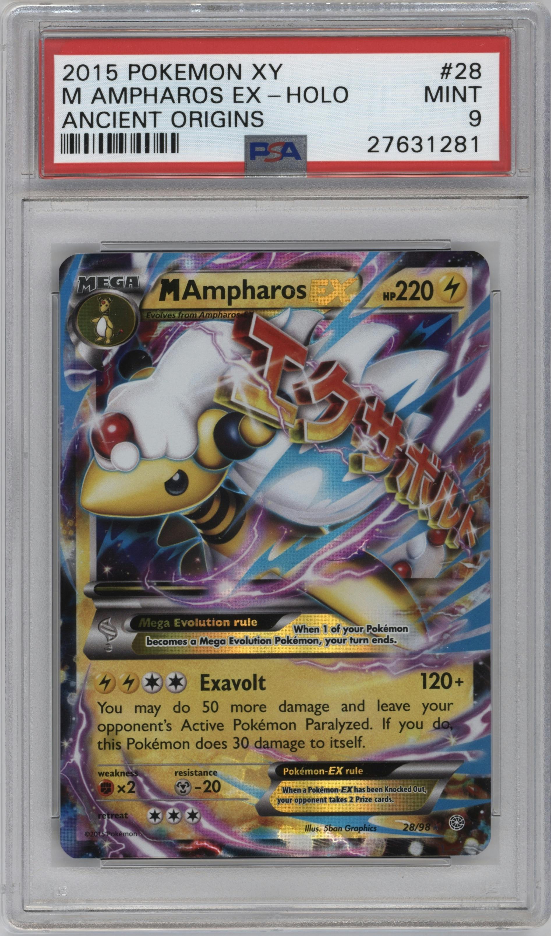 M Ampharos EX from the 2015 Pokemon XY set graded by PSA and given an overall grade of 9.