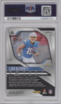 Ladd McConkey from the 2024 Panini Prizm set featuring a Lazer Prizm parallel graded by PSA and given an overall grade of 9.
