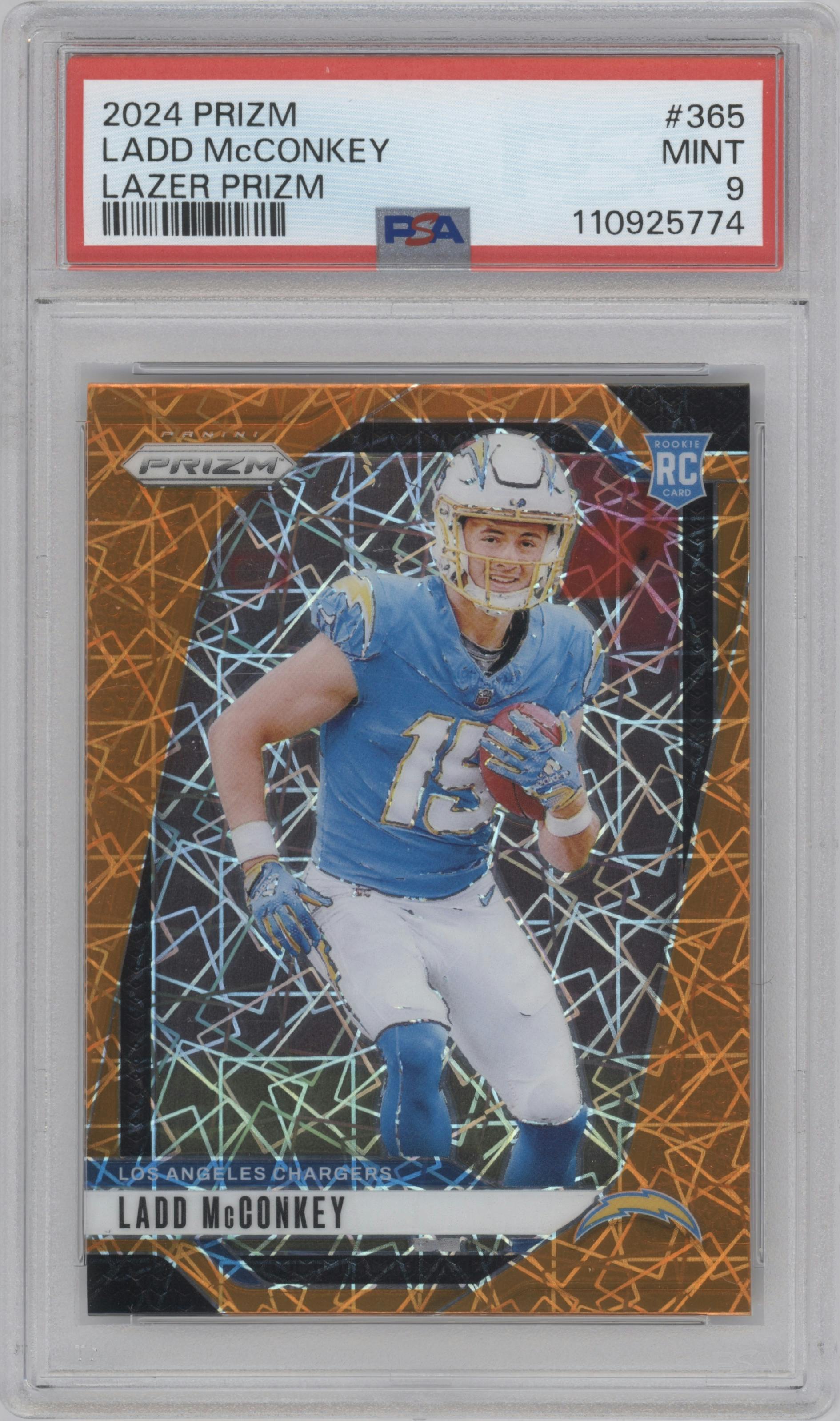 Ladd McConkey from the 2024 Panini Prizm set featuring a Lazer Prizm parallel graded by PSA and given an overall grade of 9.