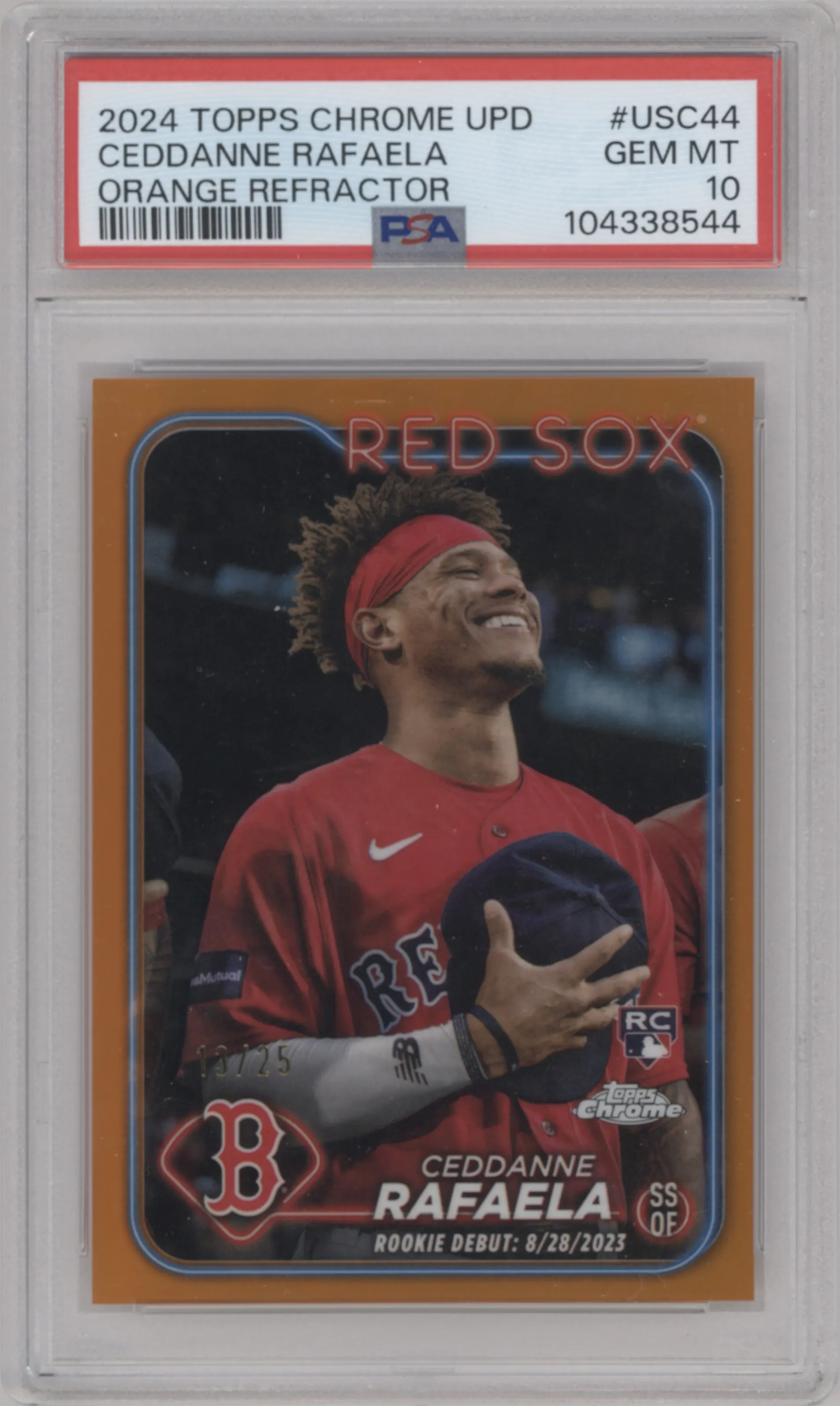 Ceddanne Rafaela from the 2024 Topps Chrome Update set featuring a Orange Refractors parallel graded by PSA and given an overall grade of 10.