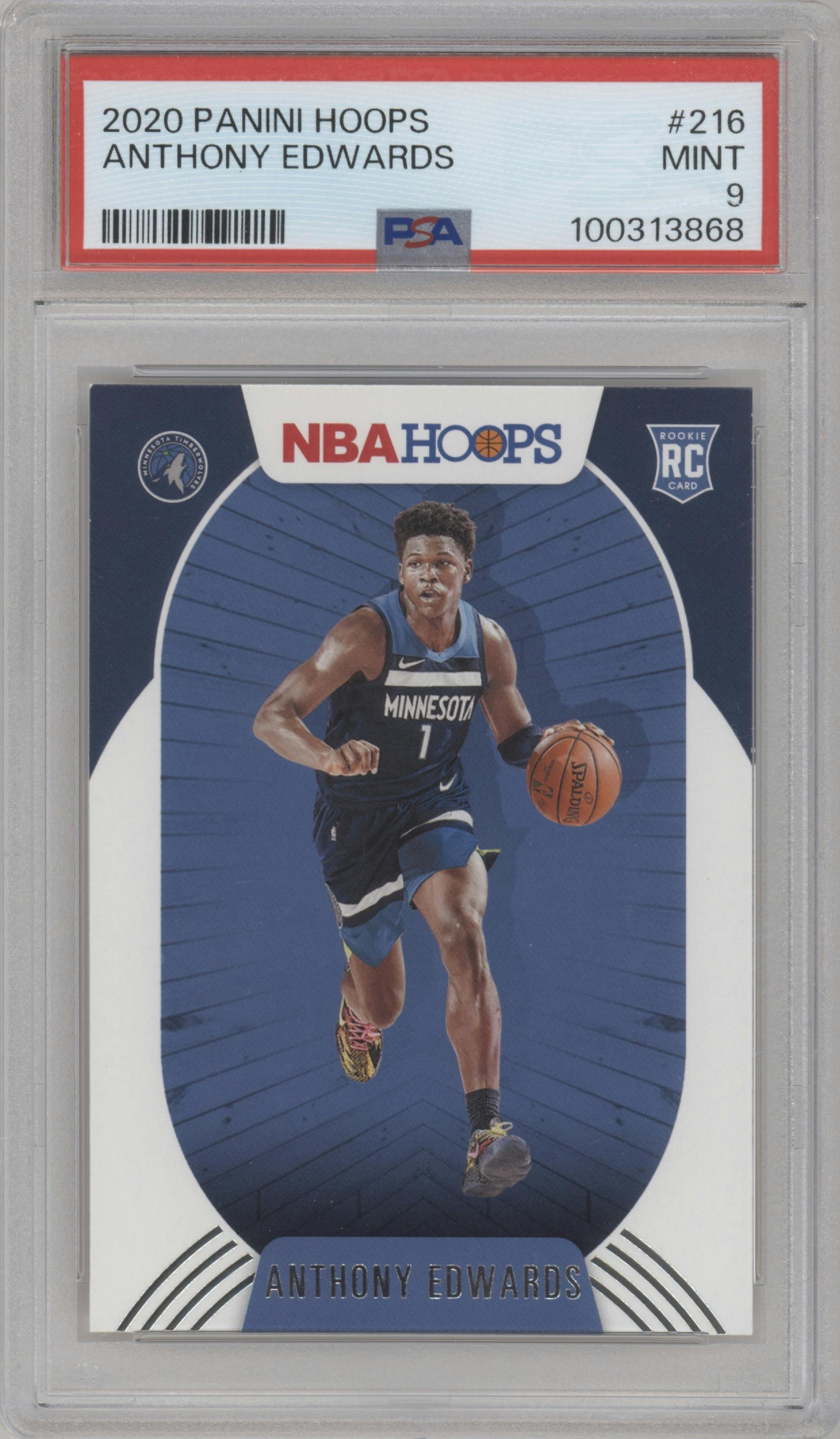 Anthony Edwards from the 2020-21 Panini NBA Hoops set graded by PSA and given an overall grade of 9.
