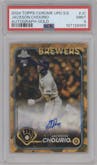 Jackson Chourio from the 2024 Topps Chrome Update Sapphire Edition set featuring a Gold Refractor parallel graded by PSA and given an overall grade of 9.