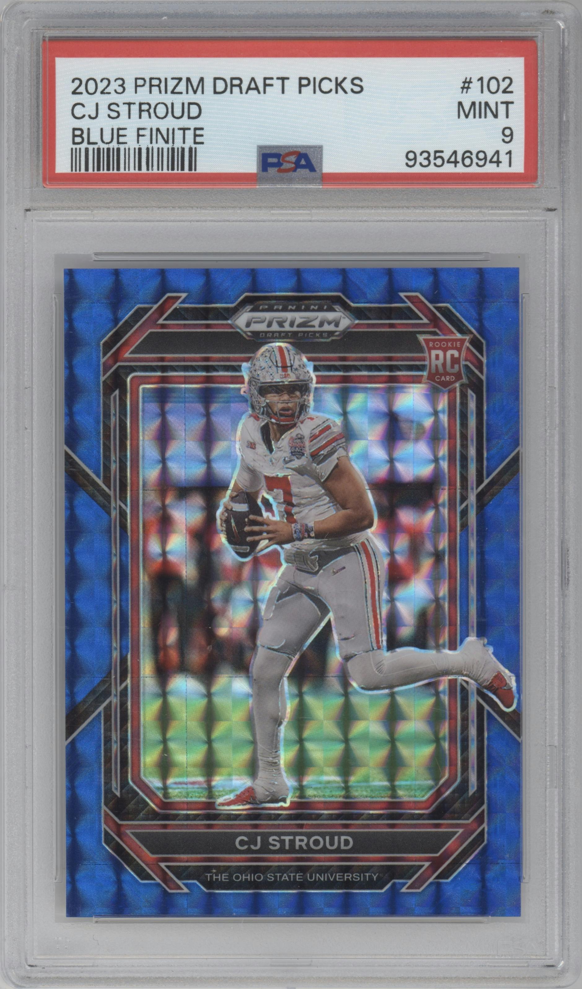 CJ Stroud from the 2023 Panini Prizm Draft Picks set featuring a Blue Finite parallel graded by PSA and given an overall grade of 9.
