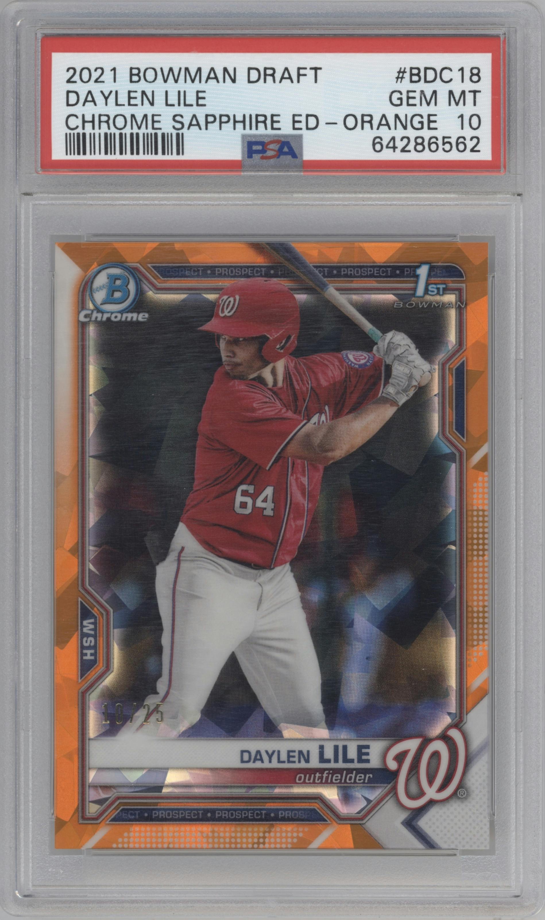 Daylen Lile from the 2021 Bowman Draft Sapphire Edition set featuring a Orange parallel graded by PSA and given an overall grade of 10.