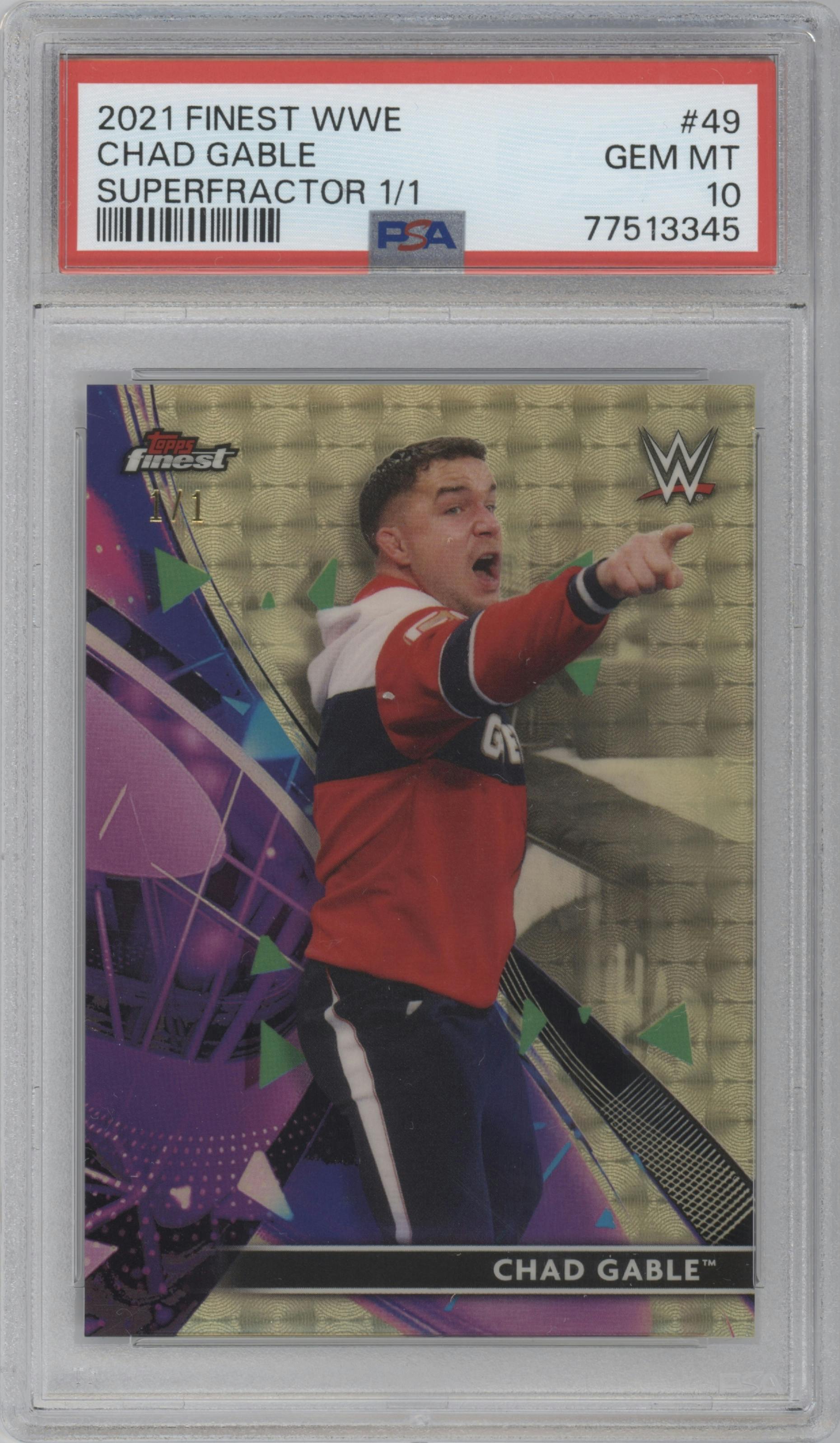 Chad Gable from the 2021 Topps Finest WWE  set featuring a SuperFractor parallel graded by PSA and given an overall grade of 10.