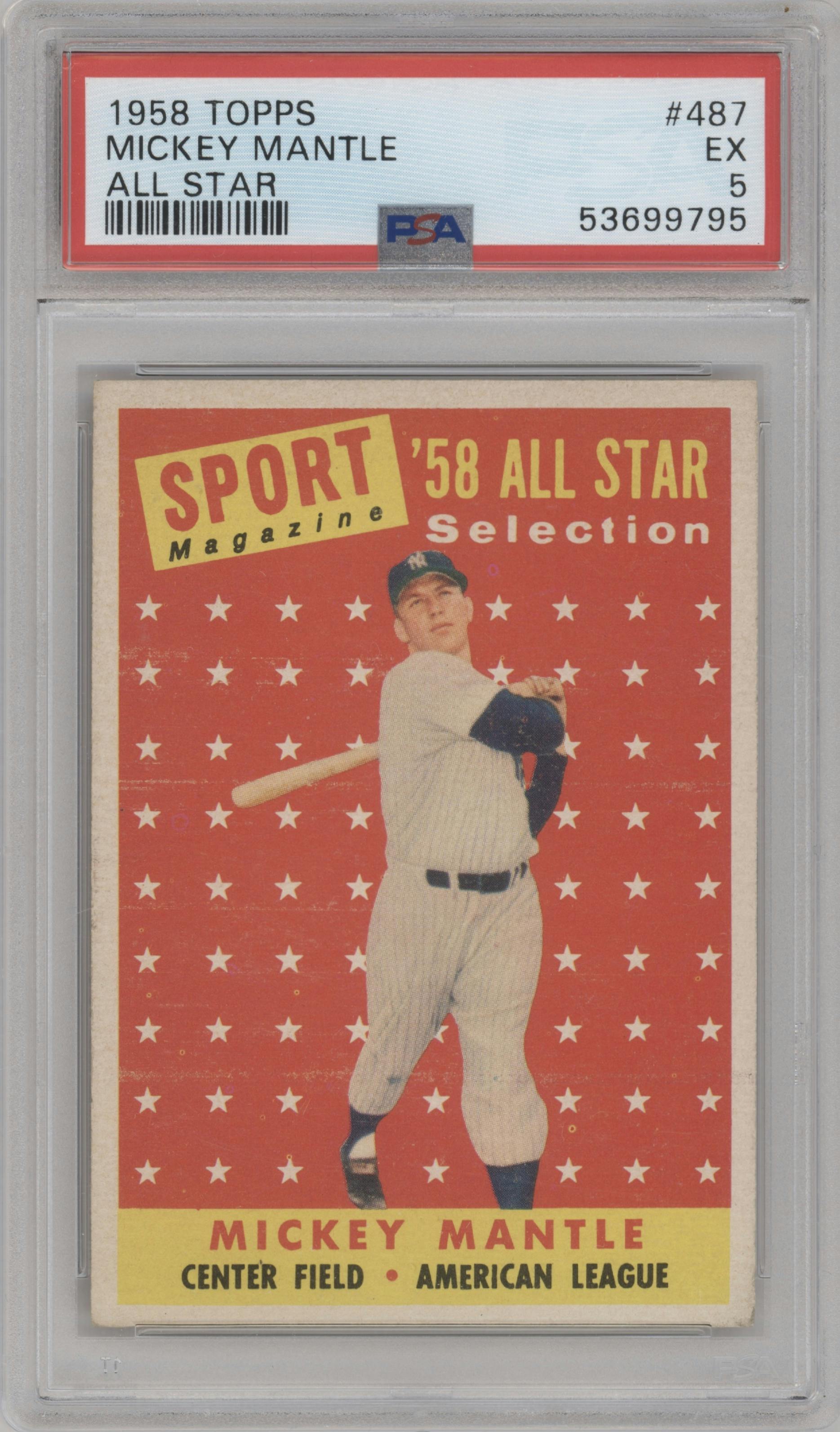 Mickey Mantle from the 1958 Topps set graded by PSA and given an overall grade of 5.