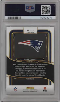 Drake Maye from the 2024 Panini Select set featuring a White Shock parallel graded by PSA and given an overall grade of 10.