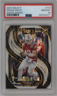 Drake Maye from the 2024 Panini Select set featuring a White Shock parallel graded by PSA and given an overall grade of 10.