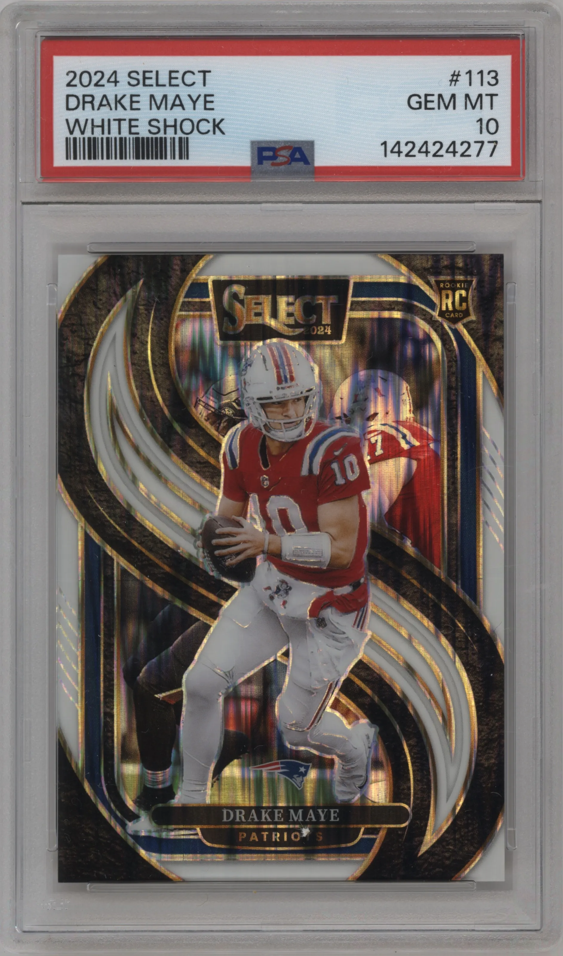 Drake Maye from the 2024 Panini Select set featuring a White Shock parallel graded by PSA and given an overall grade of 10.