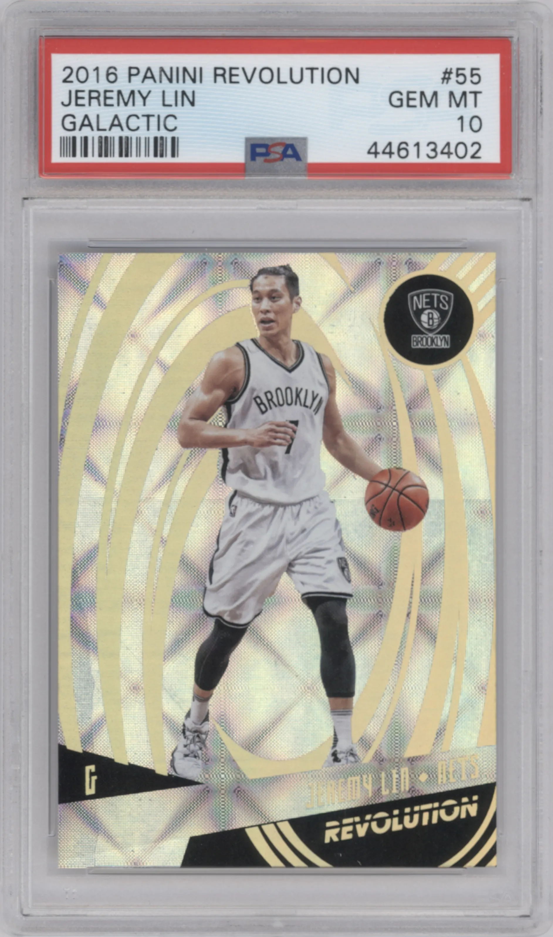 Jeremy Lin from the 2016-17 Panini Revolution  set featuring a Galactic parallel graded by PSA and given an overall grade of 10.
