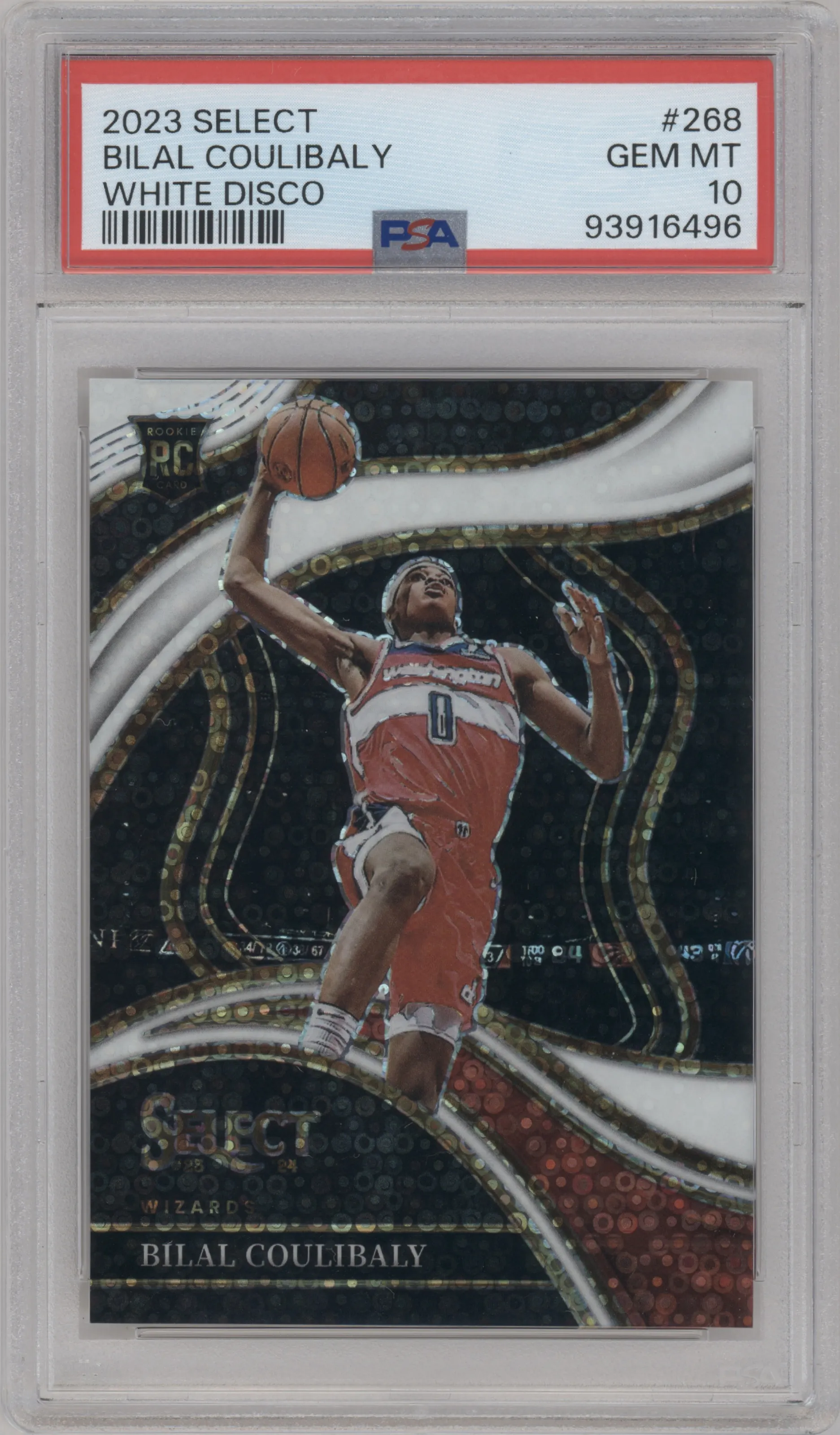 Bilal Coulibaly from the 2023-24 Panini Select  set featuring a Disco White parallel graded by PSA and given an overall grade of 10.